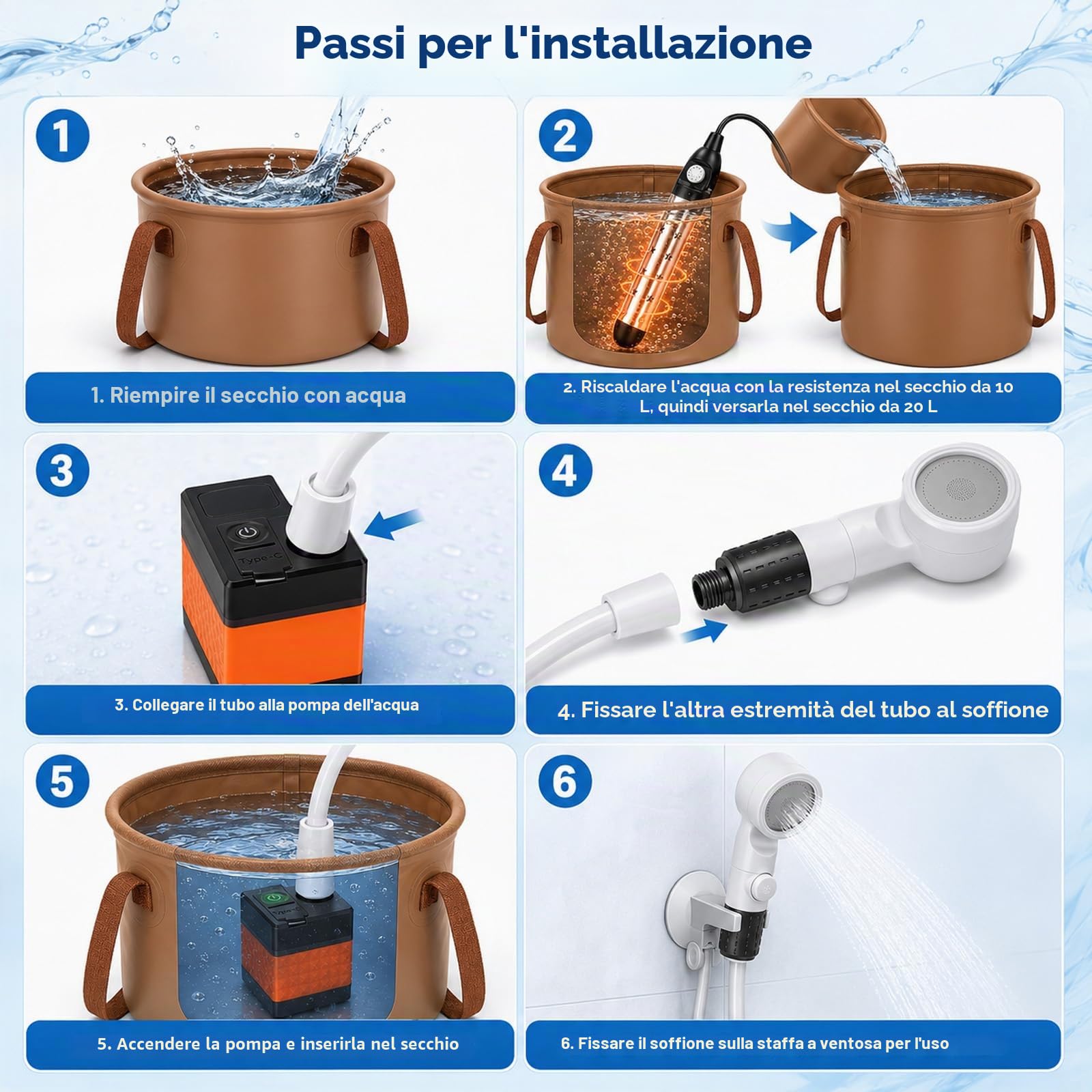 Doccia da campeggio portatile con riscaldamento, secchio da 20L & bollitore sommergibile, doccia da campeggio ricaricabile con pompa da 5200mAh, soffione a 3 modalità con arresto dell'acqua, IPX7