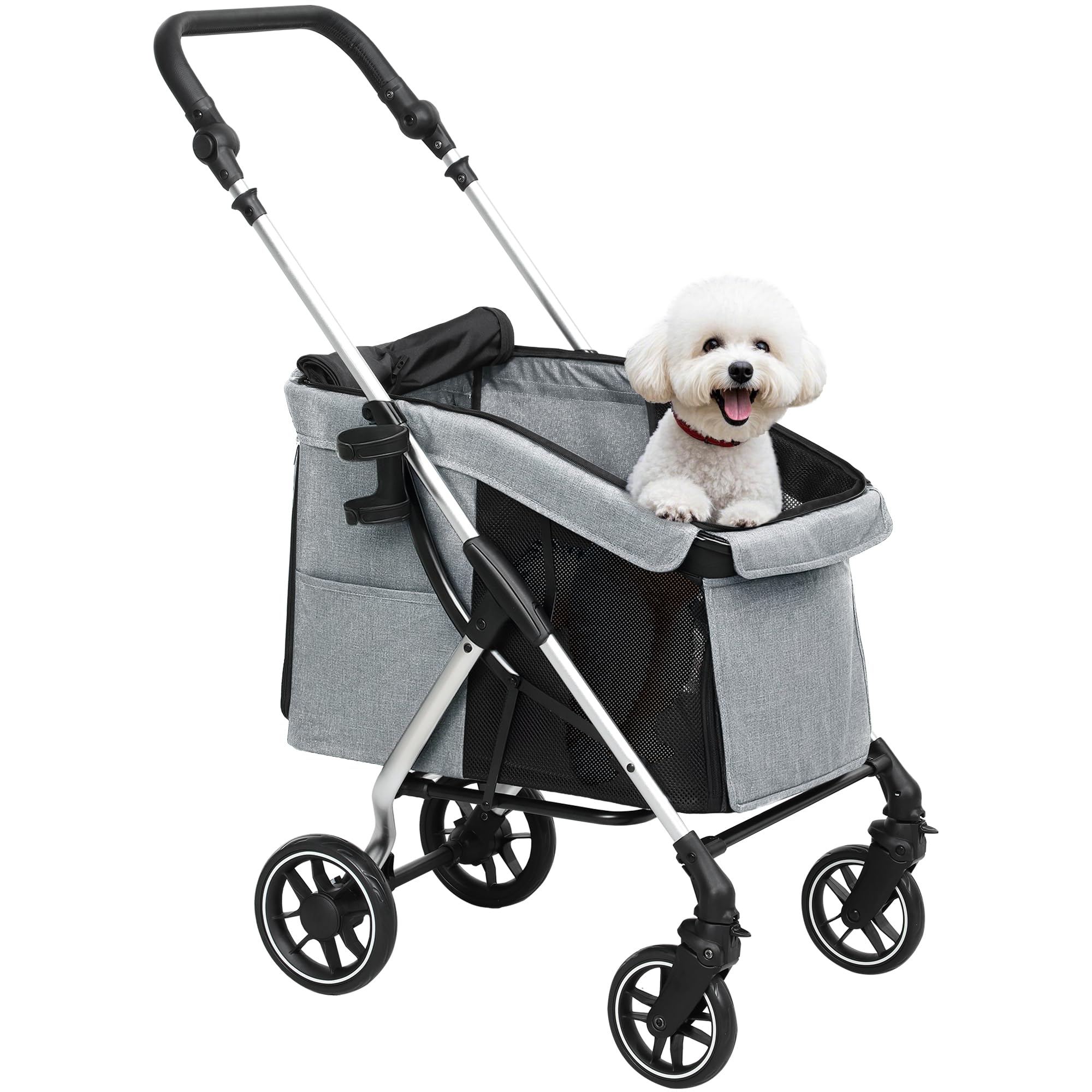 PawHut Carrito para Perros Plegable, Cochecito para Perros Pequeños y Seniors, Hasta 10 kg, Ruedas con Frenos 360º, Marco de Aluminio, Correa de Seguridad, Cojín Lavable y Ventanas, Gris