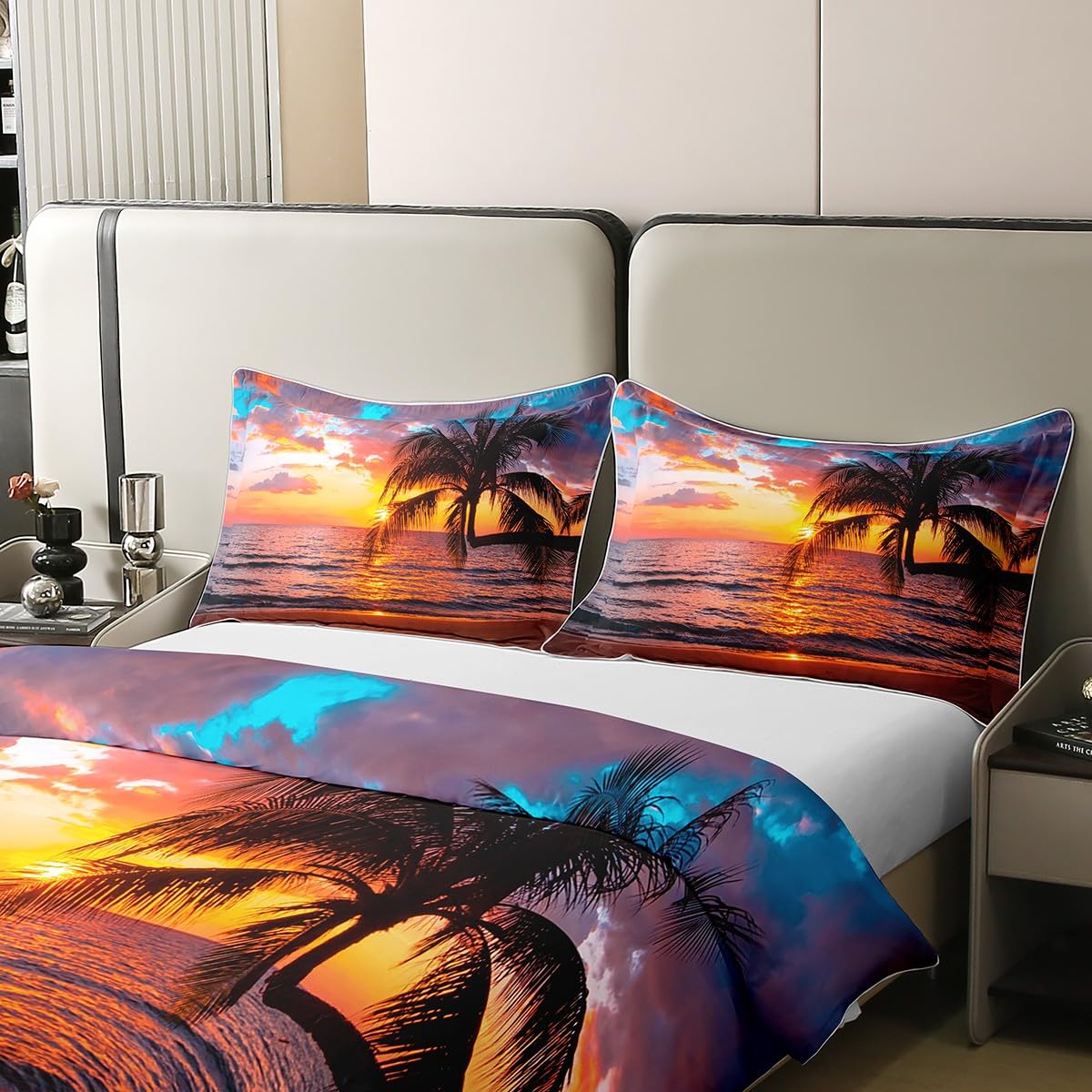 Homewish - Funda nórdica de 140 x 200 cm, diseño de palmera, juego de cama de playa oceánica, juego de cama para atardecer Hawái y hojas tropicales, funda nórdica de onda de mar costera (100% algodón)