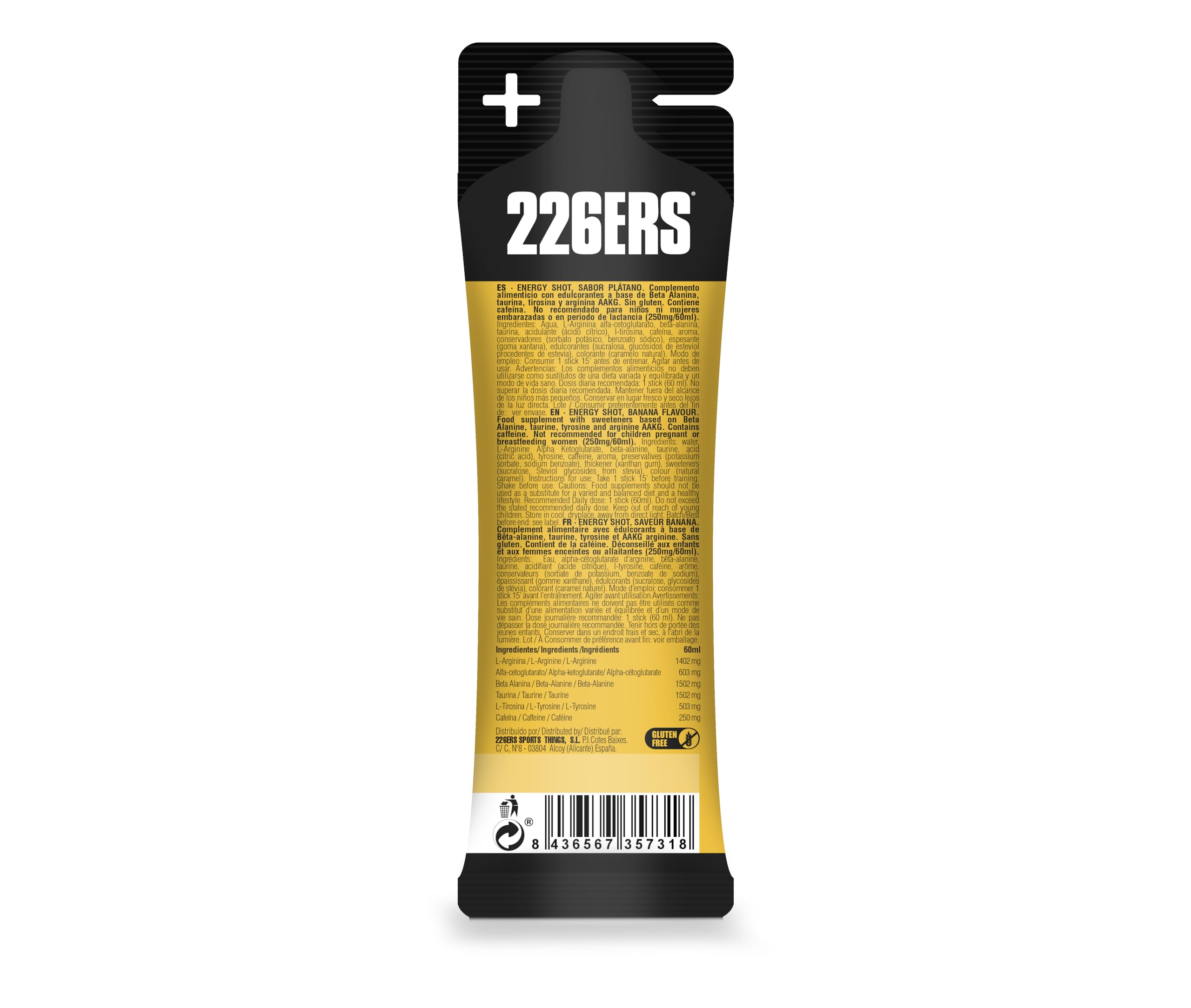 226ERS - Energy Shot Extrem Sabor Banana 24 uds x 60 ml, Suplemento Alimenticio, con Beta Alanina, Taurina y Arginina, con Cafeína, para Activación Antes o Durante el Ejercicio