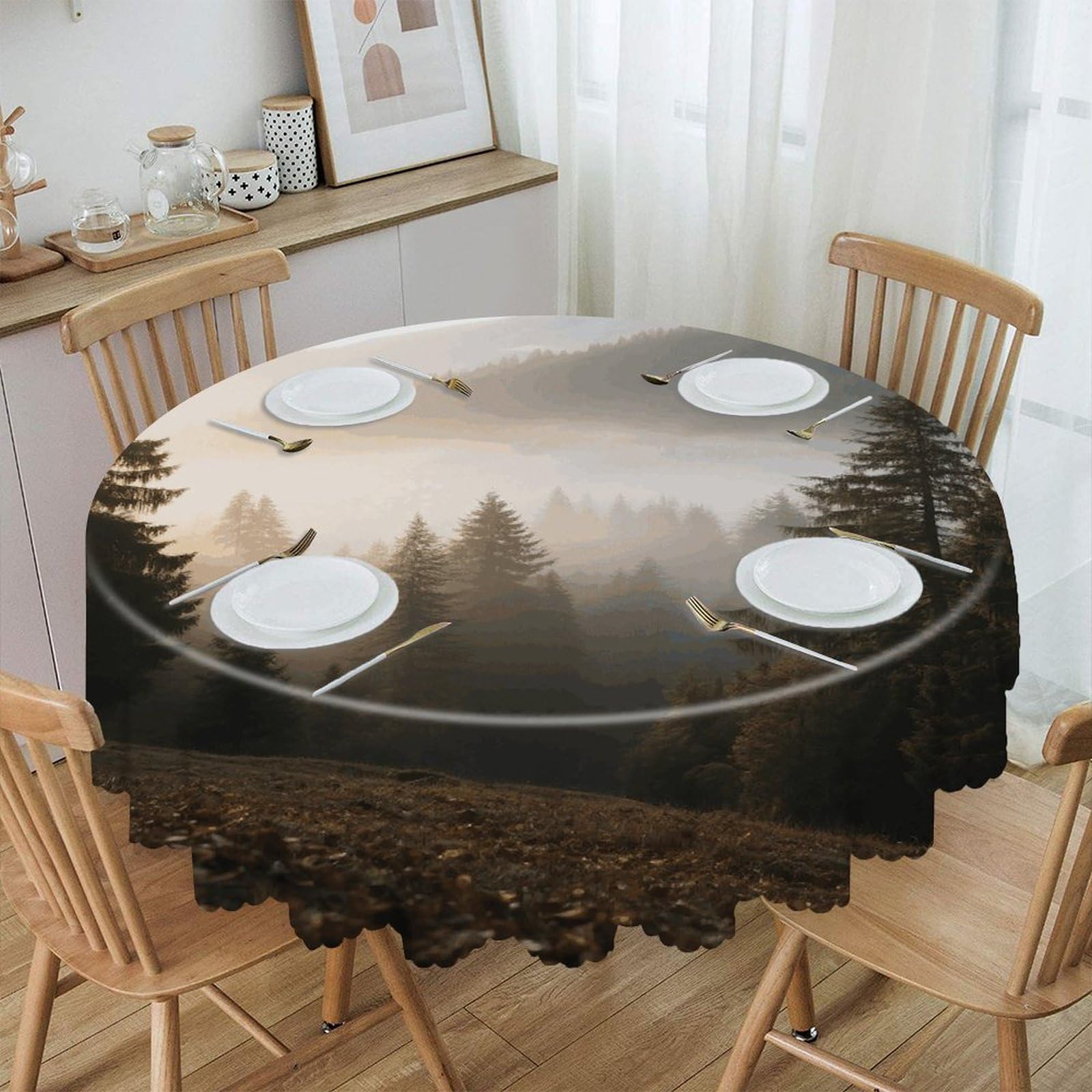 VstaDank Alpine Forest Round Tablecloth Wipeable Round Polyester Tablecloth Waterproof Wrinkle Free Indoor and Outdoor Table Cover 60 Inch Decorative Farmhouse Table Cloth for Dining