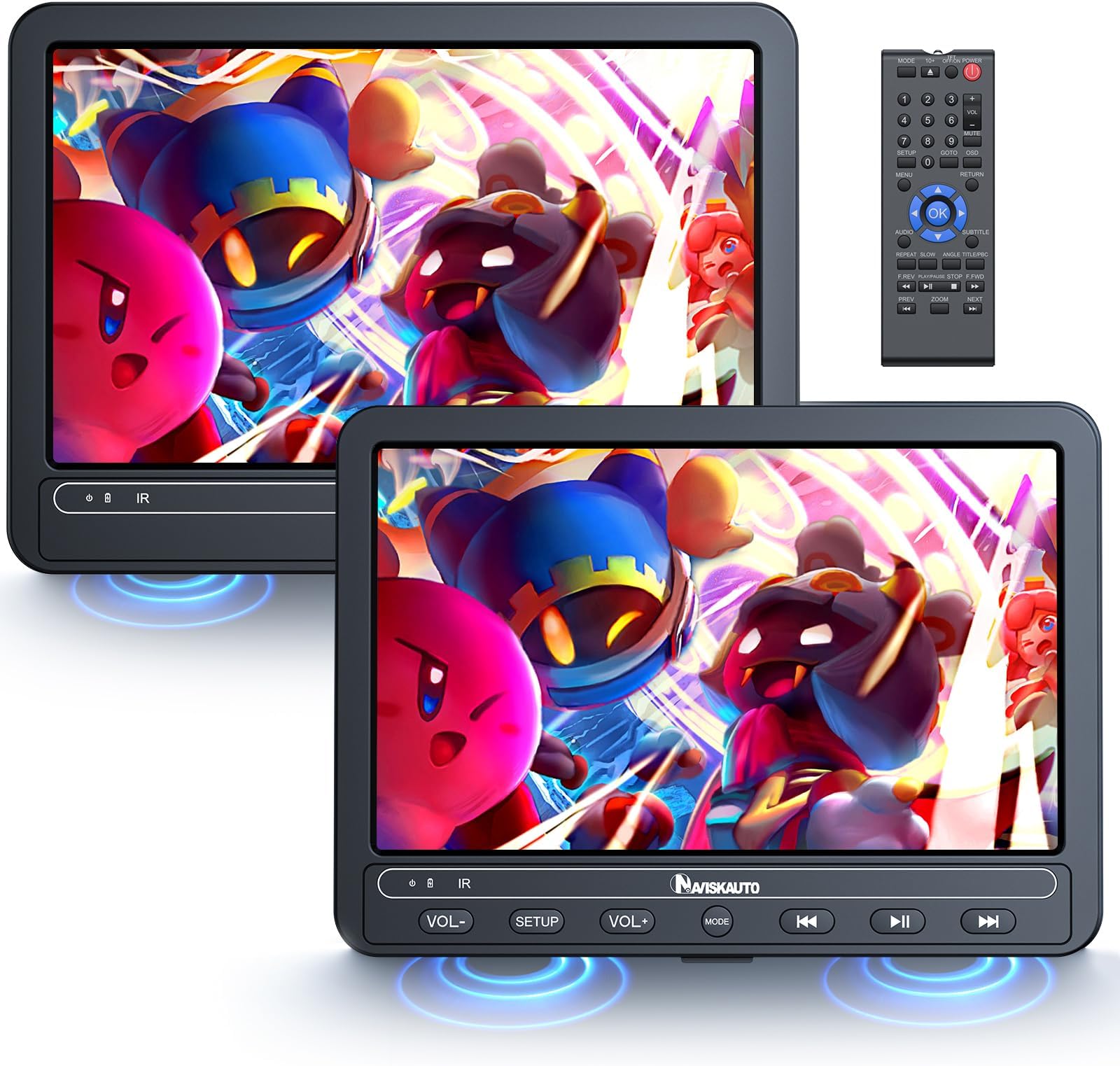 NAVISKAUTO 10.1" Dual Screen Car DVD Players, 5 Hours Battery, Support USB SD Card, Region Free, Last Memory - Play 1 Movie across 2 Screens