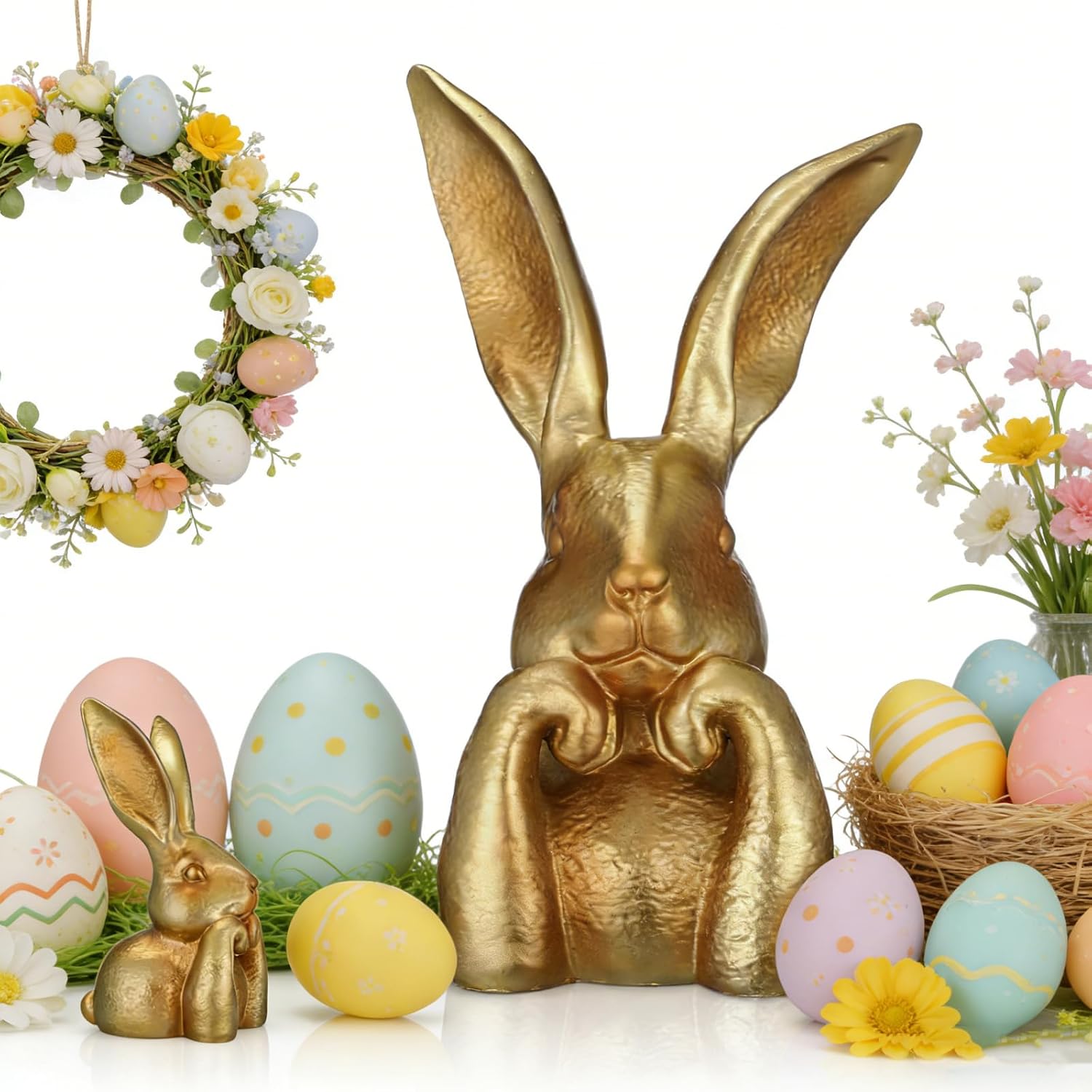 Rabbits Easter Decoration 9.5 Inch Vintage Gold Resin Bunny Statue ...