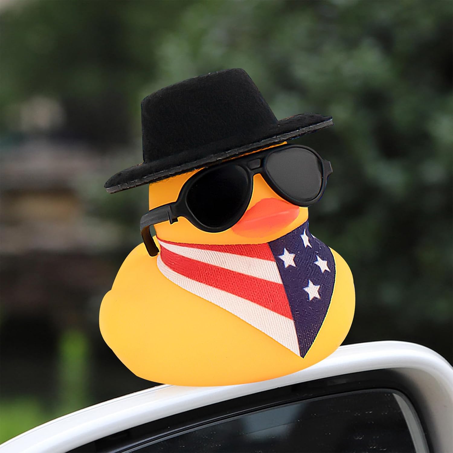 wonuu Rubber Duck Car Ornaments Yellow Duck Car Dashboard Decorations Home Decor for Adults, W_Vertical Nation Flag Scarf_Black Top Hat