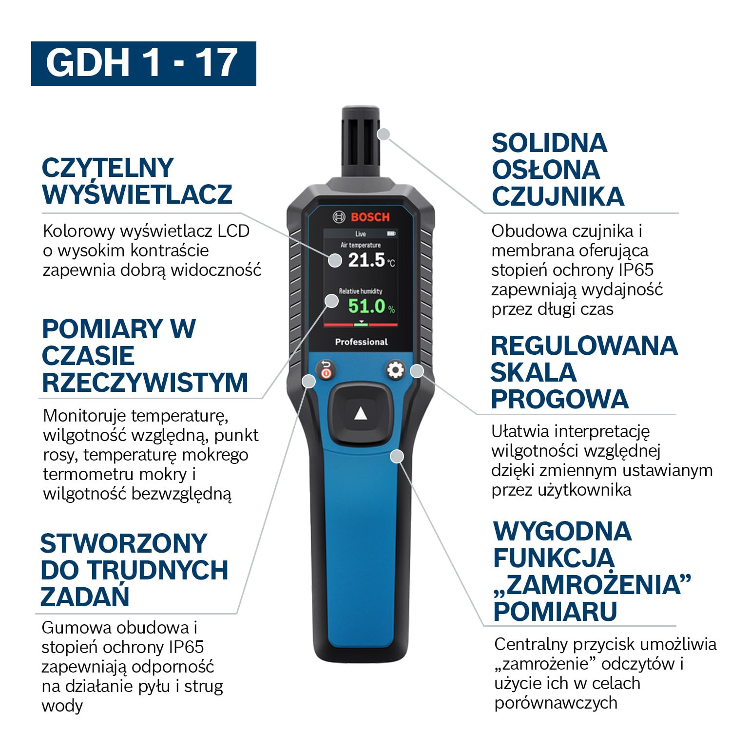 Bosch Professional Termohigrometr GDH 1-17 (odczyty w czasie rzeczywistym, kolorowy wyświetlacz LCD o wysokim kontraście, stopień ochrony IP65, gumowa obudowa, 2 baterie AA, pokrowiec)
