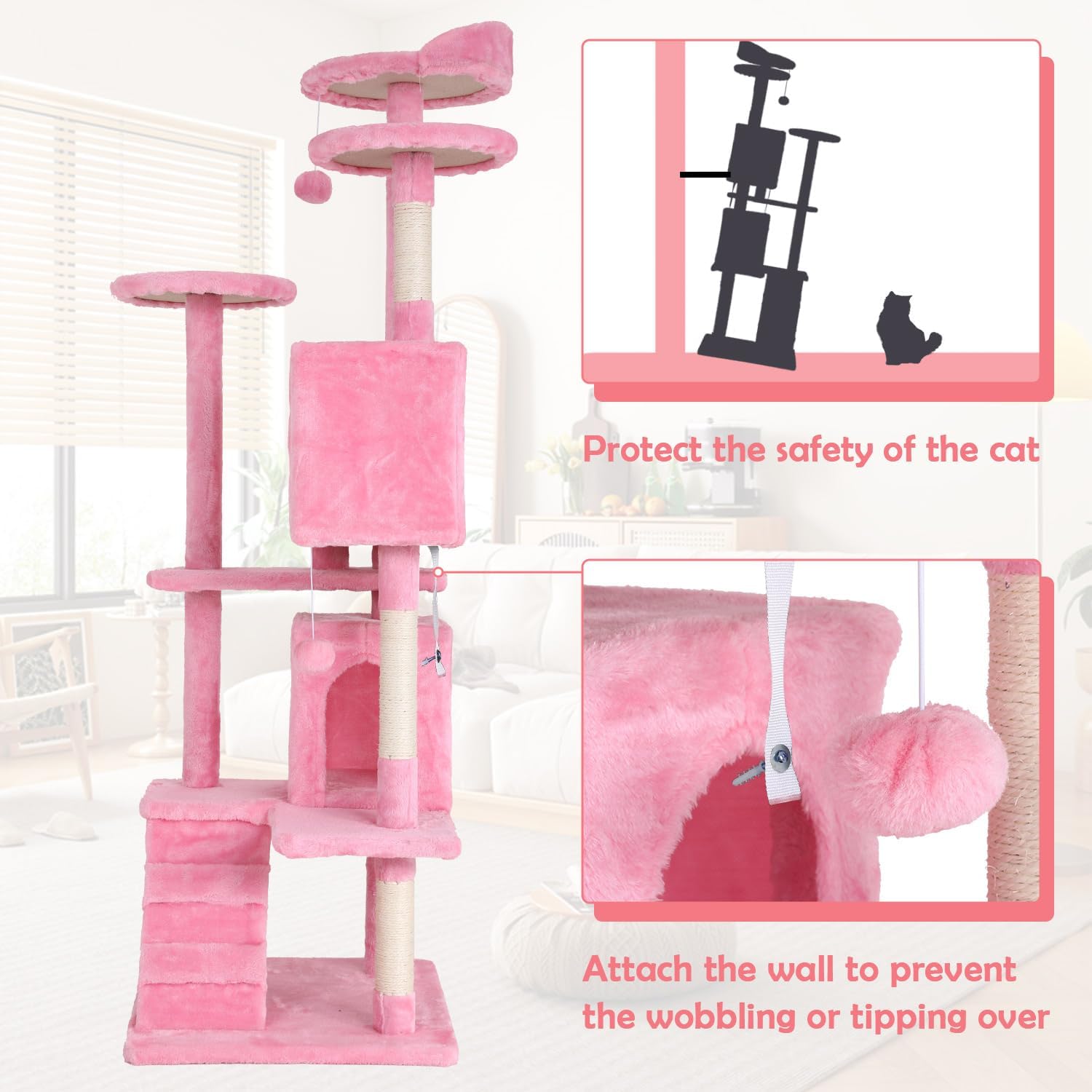review Cat Tree, 70 Inch Tall Cat Tower, Heavy Duty Cat Tree with 3 Top Perches Platforms & 2 Cozy Condo, Cat Climbing Tower with Ladders & Sisal Poles, Cat Scratching Tree for Large Cat Play House, Pink
