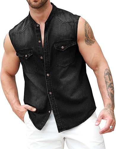 Ryannology Mens Denim Sleeveless Shirts Cowboy Jean Vest Casual Button Down Slim Fit Work Cotton Tops with Pockets