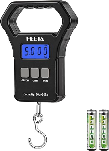 HEETA Báscula de pescado, báscula digital portátil de pesca colgante de 110 libras 110.2 lbs con pantalla LCD retroiluminada, báscula de equipaje