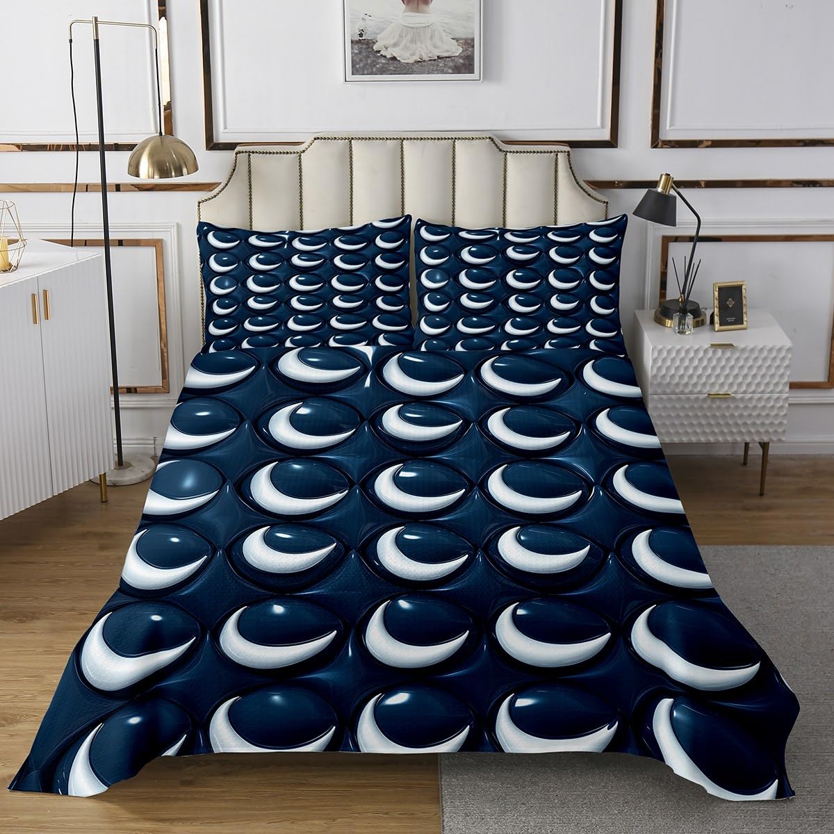 jejeloiu Inflated Print Bedspread 3Pcs Queen Size Kids Moon Coverlet Set for Boys Girls Blue Quilted Coverlet,Microfiber