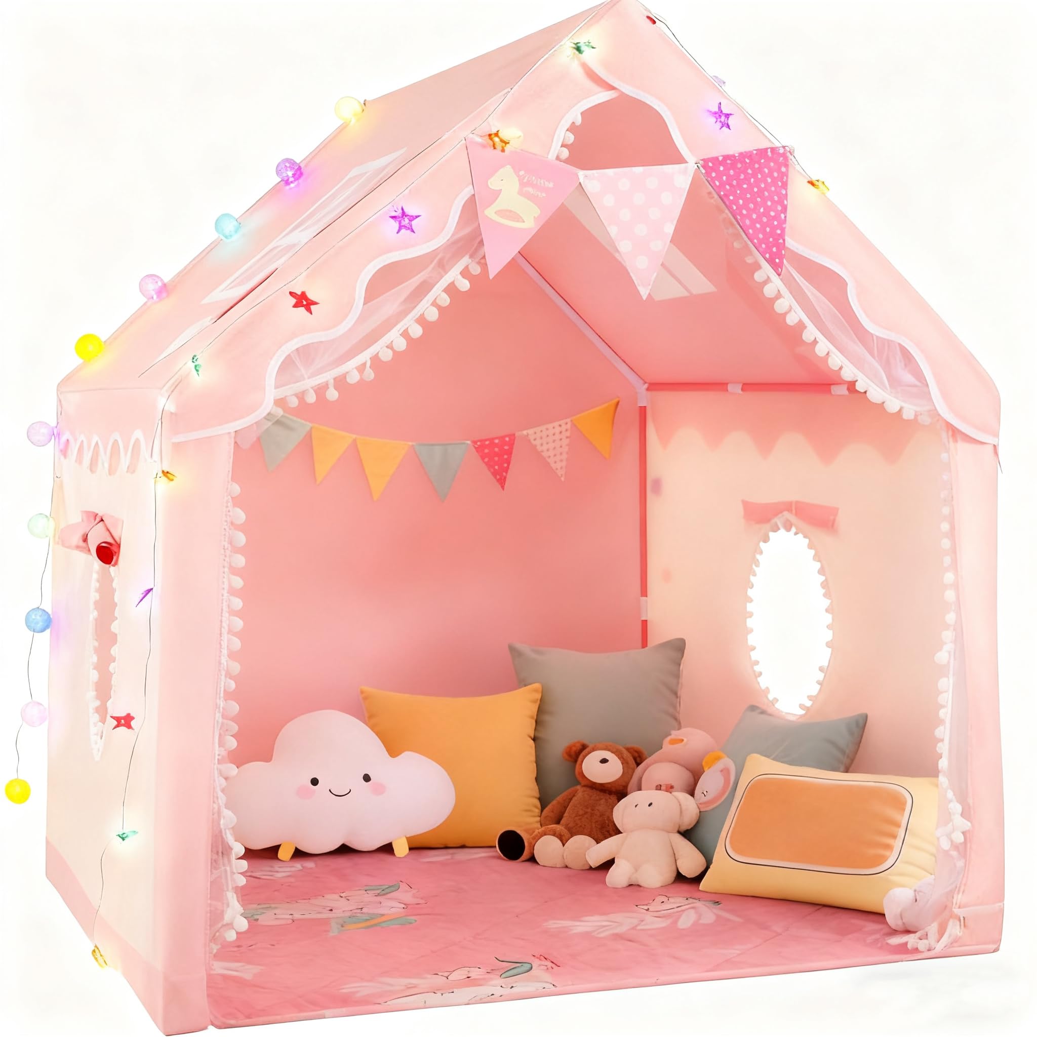 130CM Tienda Campaña Infantil Casita Infantil Exterior Tienda de Juego para Niños con Toldo Tienda de Juegos Interior y Luces Rincón Acogedor para Niños Playhouse Infantil Casa de Juegos