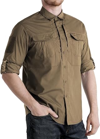Mens Long Sleeve Fishing Shirts Quick Dry Breathable Water Resistant Zipper Pockets Tactical Shirt for Hiking