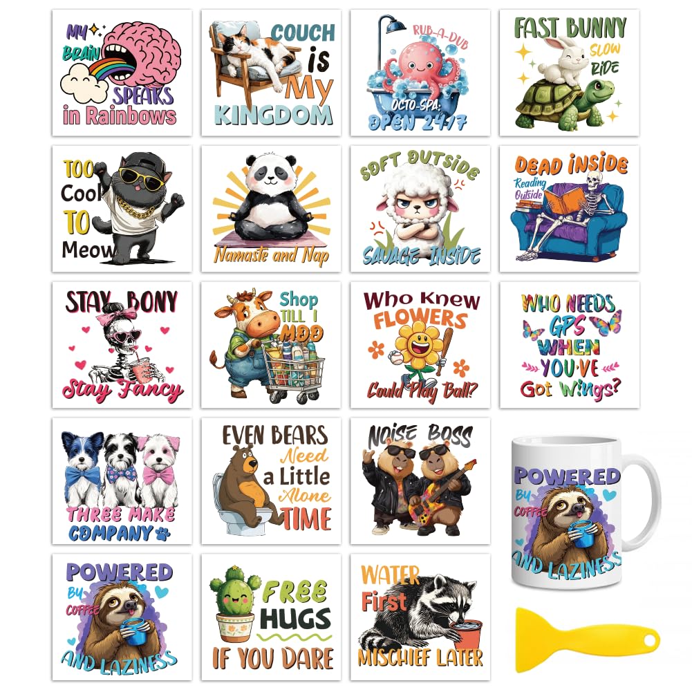 Peacoblue 18 Sheets Rub On Transfers for Crafts, Interesting Animals and Humorous Copywriting UV DTF Cup Wrap Waterproof Cold Transfers Stickers for Wood Glass Home Decor 9×10CM