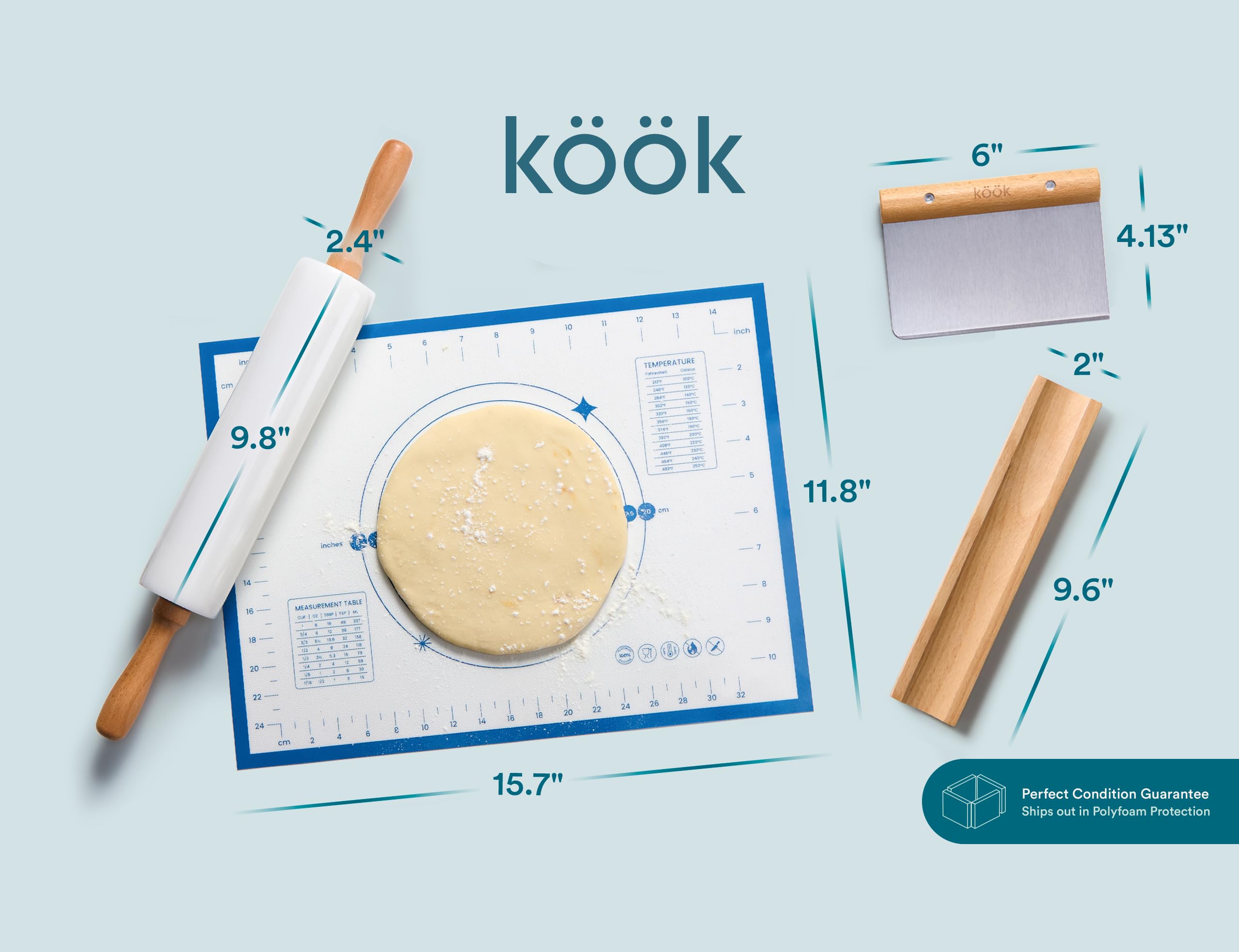 Kook Juego de rodillos de mármol, rodillo de 45,7 cm con asas de madera de haya, soporte de madera, rascador de metal, alfombrilla de silicona, antiadherente, para hornear masa de pizza, pasteles,