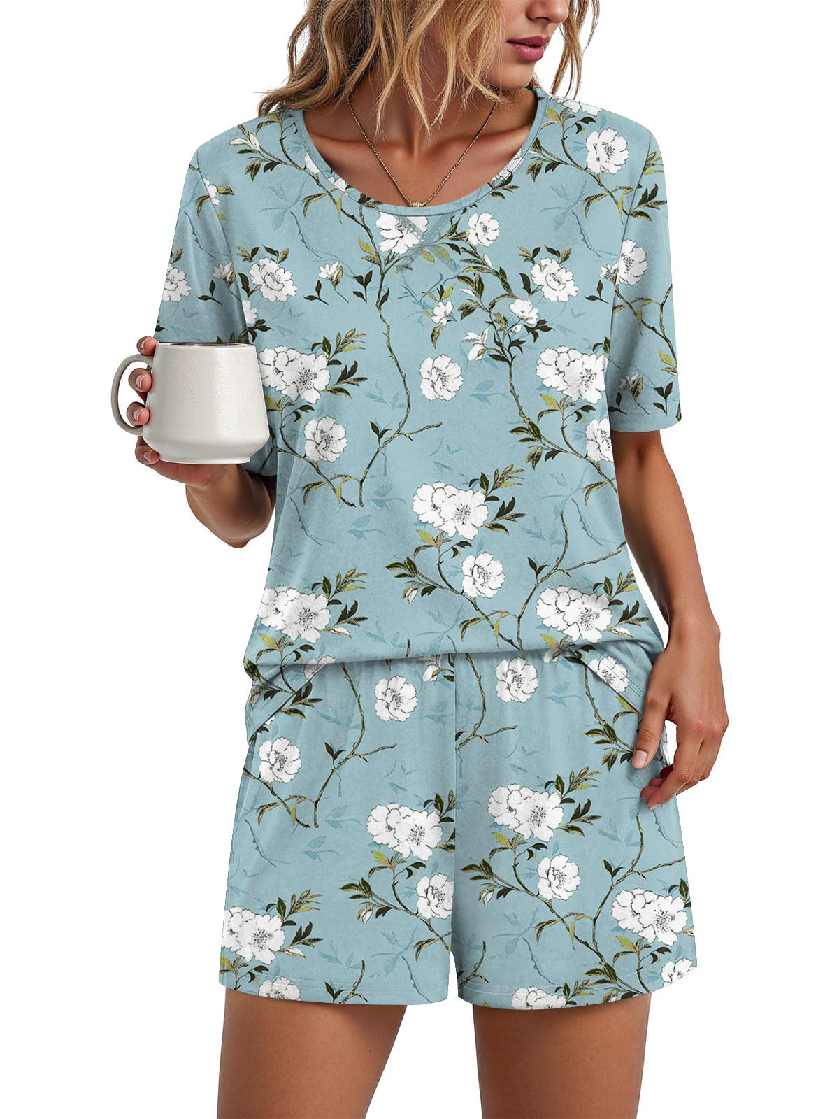 Findsweet Pajama Set for Women 2 Piece Lounge Set Soft Sleepwear Summer Casual Short Pjs Sets with Pockets M-3XL