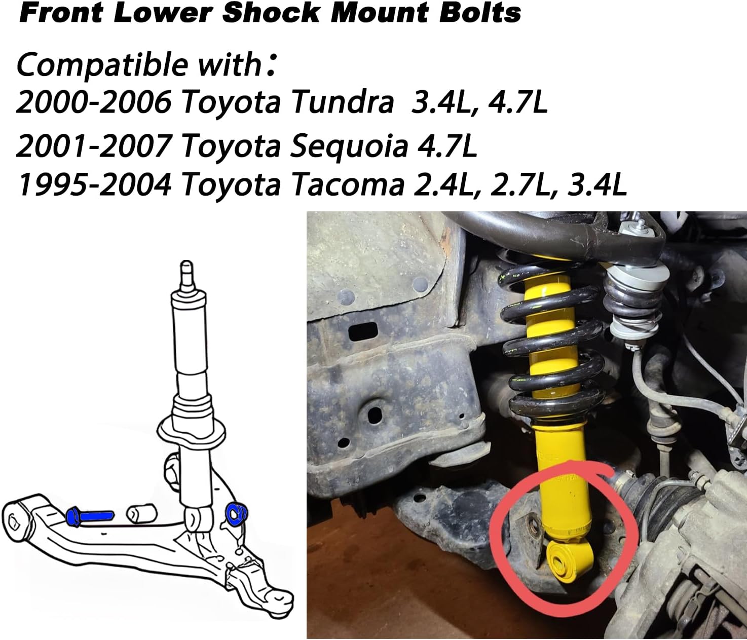 Front Lower Shock Mount Bolts Kit Compatible with Toyota Sequoia 2001-2007, Tacoma 1995-2004, Tundra 2000-2006