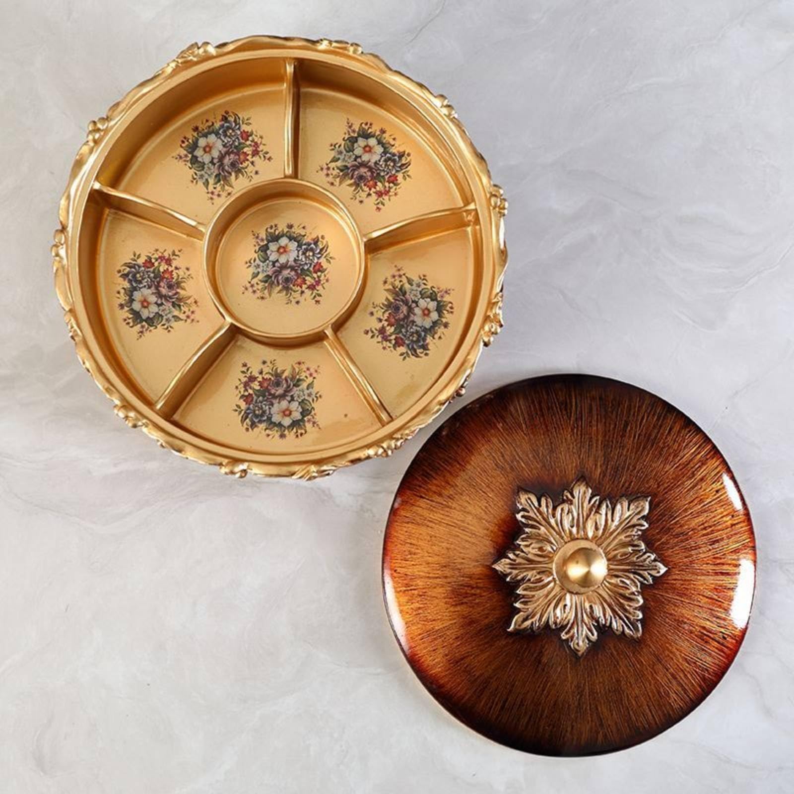 KESOTO Bandeja Industrial Servidor Dividida Contenedor Snacks Decorativa Resina con Compartimentos y Acabado Brillante Sala Mesa, Doble Capa, Tres Compartimentos, Grano De Madera Amarillo