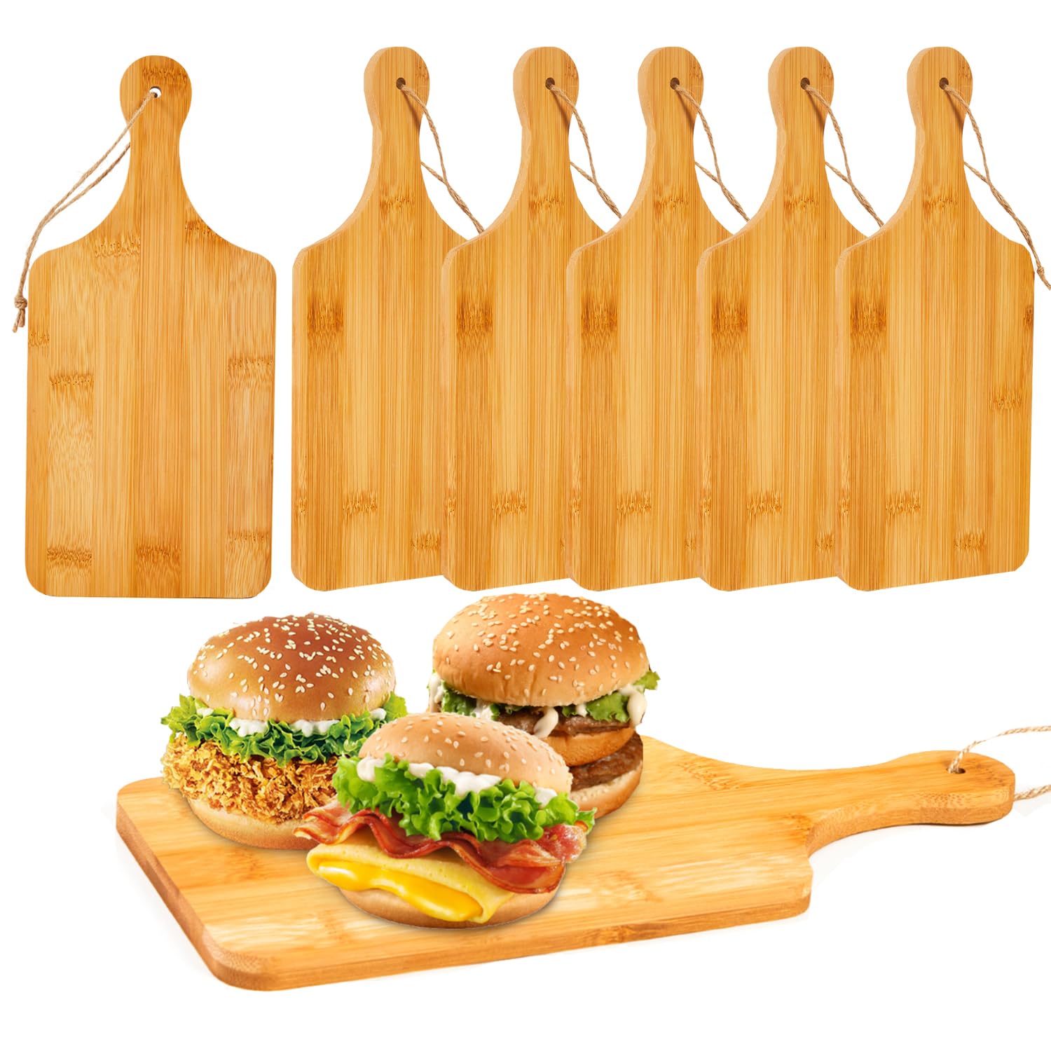 Benhurb 6pcs Small Bamboo Chopping Board Blank, Mini Charcuterie Cutting Boards with Handle for Kitchen, Personalized Wood Engraving Board Craft for Wedding Mother's Day Housewarming Present, 11X5inch