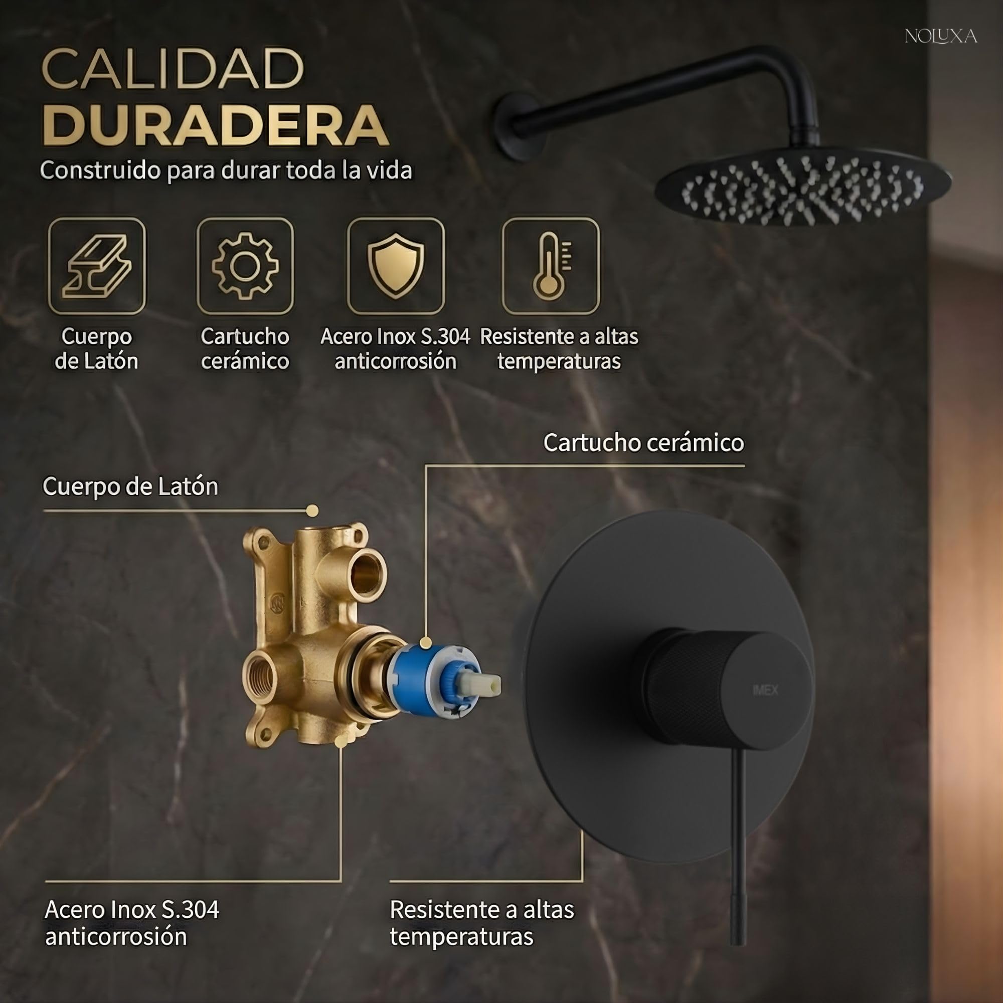 IMEX - Ducha Empotrada Negra Monomando | Conjunto de Grifería Empotrado con Rociador Antical Efecto Lluvia | Columna Ducha Empotrada con Grifo en Latón y Acero Inox S.304 (SIN ALCACHOFA)