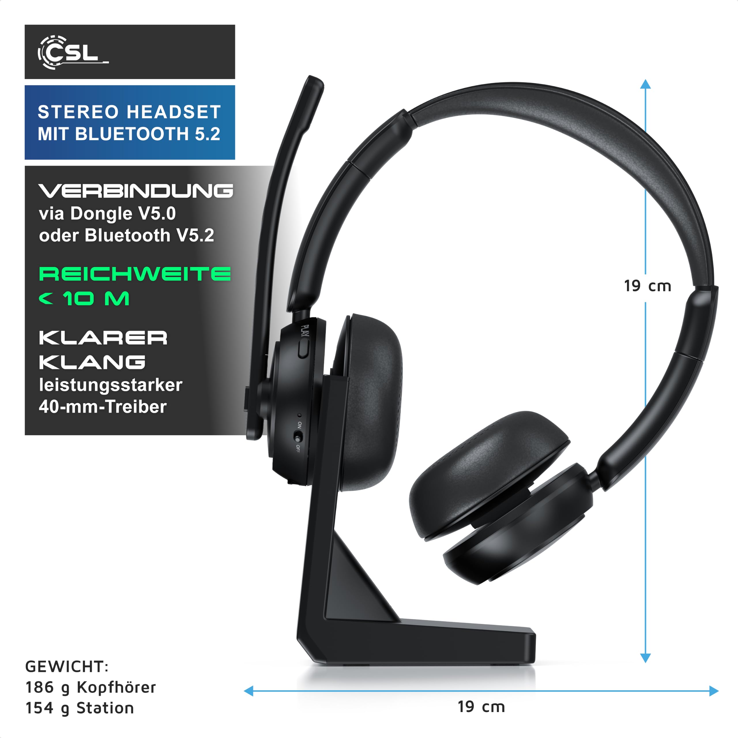 CSL - Bluetooth 5.2 Headset mit Ladestation - Wireless Dongle – 2,4 Ghz – Multifunktionstaste – Dual Connectivity - Multipoint – Stereo Kopfhörer mit Polster - schwarz