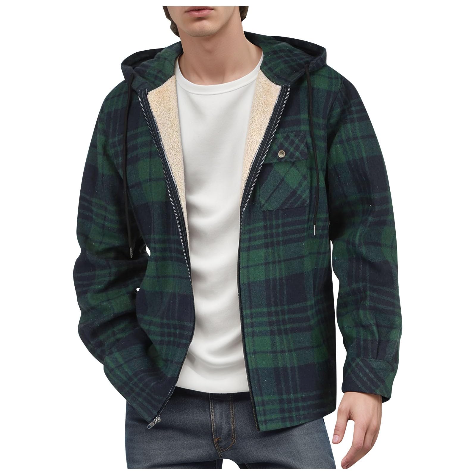 Caxndycing Chaqueta de entretiempo para hombre, a cuadros, camisa de franela, camisa de leñador, camisa térmica con capucha extraíble, forro polar, chaqueta de invierno a cuadros con cremallera