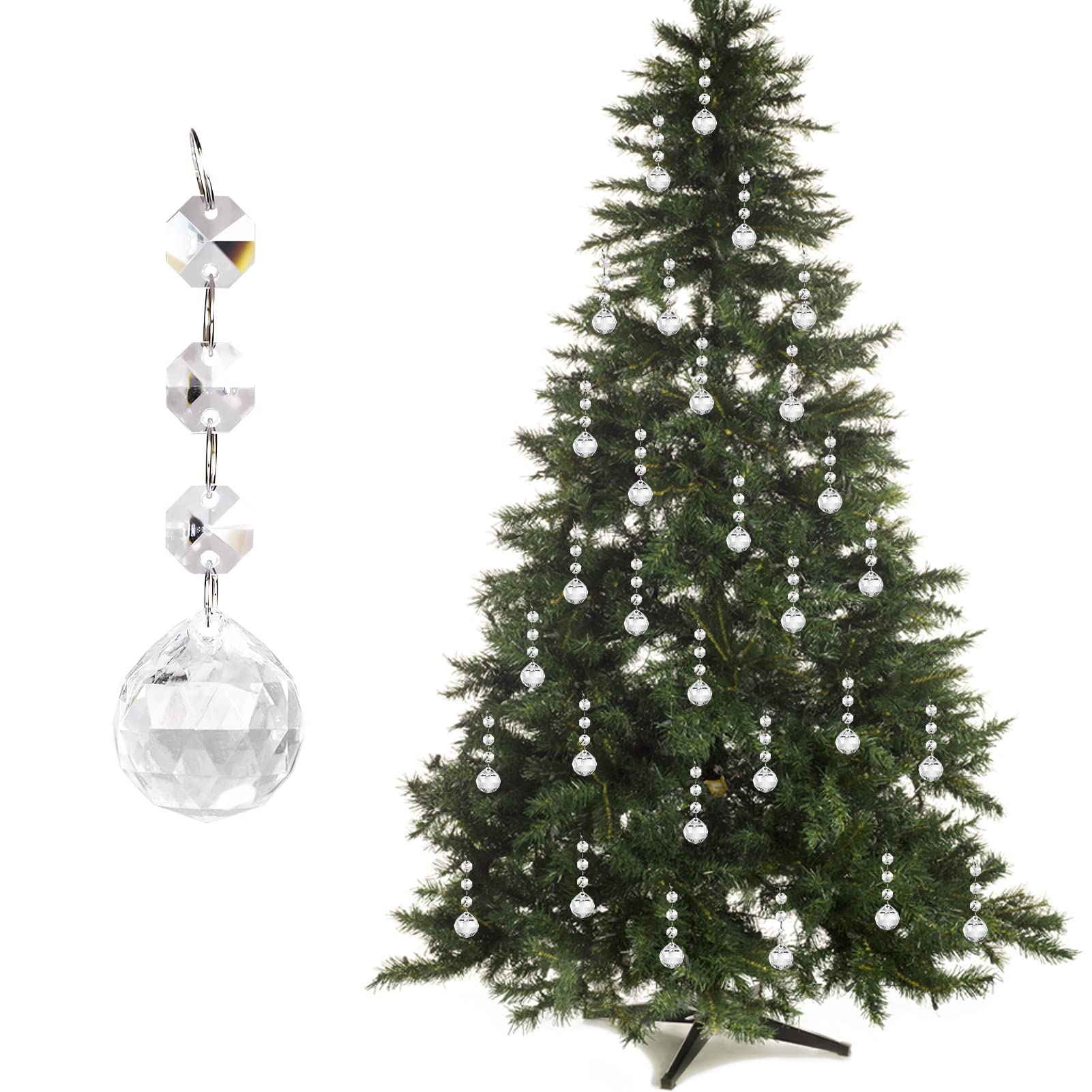 JaosWishChristmas Tree Decorations Acrylic Crystal Pendant,Chandelier Lamp Teardrop Hanging Ornaments Curtain Clear Droplet Prism Decor Set for Xmas Wedding Festival Home Party,30PCS,Ball Shape