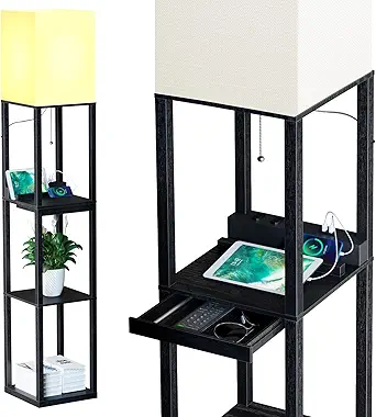 SUNMORY Floor Lamp with Shelves,Modern Dimmable Solid Wood Standing Lamp with 1 Drawer and 2 USB Ports & 2 Power Outlet,Corner Tall Bookshelf Lamp for Living Room and Bedroom(Black)