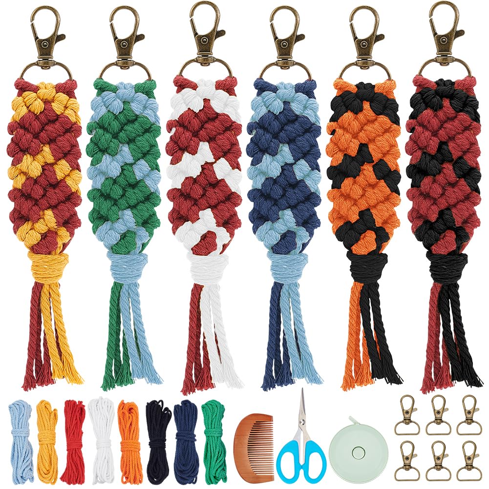 INFUNLY 6 Sets Magic Macrame Keychain Kits for Adults Beginners with Instruction + Video DIY Mini Boho Macrame Keychain Kit for Starter with Tassels for Car Key Purse Phone Wallet Bag Charm