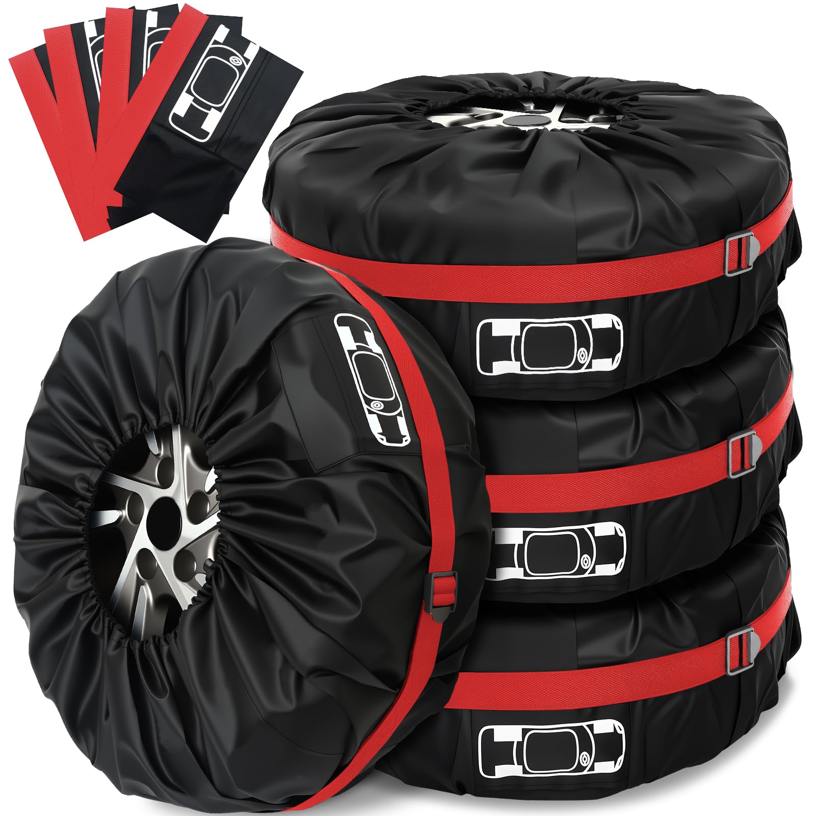 Gucass Reifentaschen Set 4 Stück, Reifenabdeckung 19–23 Zoll, Wasserfeste Reifentüten und Reifenschutzhülle, Reifentasche zur Reifenaufbewahrung und zum Transport, UV-Schutz, Rot, Gr. L (Ø 80 cm)