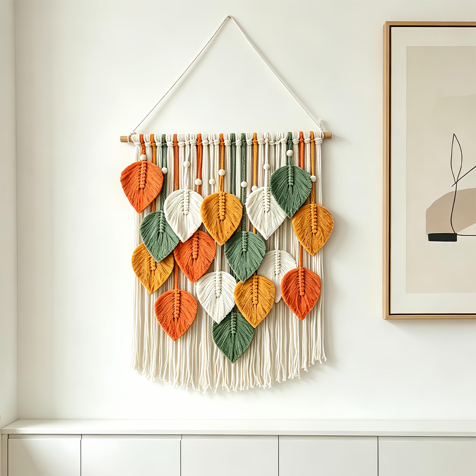 Esoes Fransen Wandbehang Handweben Boho Wanddeko mit 1PC Kamm 50X100CM | Makramee Wandteppich mit Holzperlen und Grün Blätter Tapisserie Handgemacht Wandteppich für Schlafzimmer Wohnzimmer Wanddeko