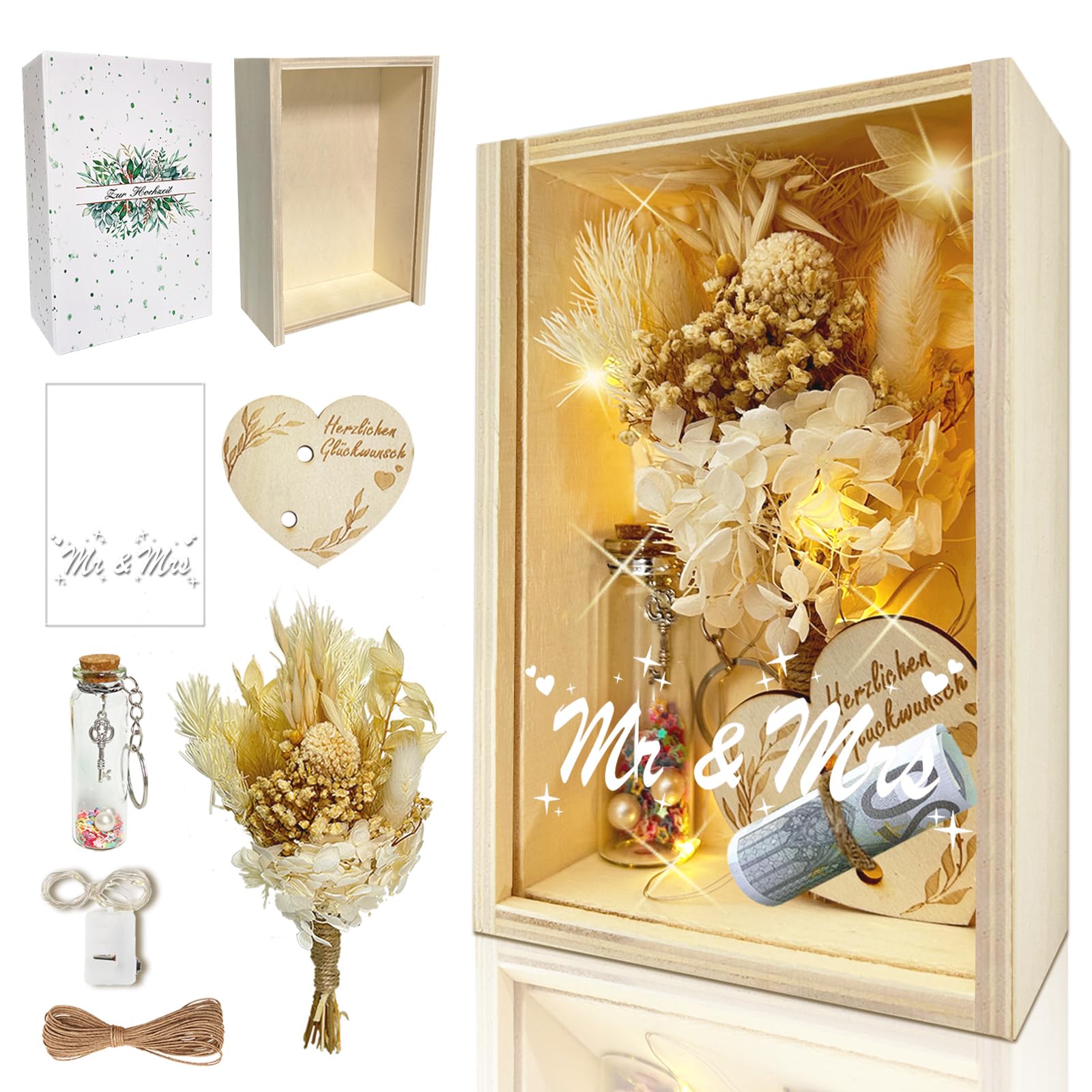 Hochzeitsgeschenke für Brautpaar Geld, Romantisches Geldgeschenke zur Hochzeit, Ewige Blumen, Holzbox, Kunststoff Reagenzglas, Lichterketten, Schlüssel Geschenkbox, Wedding Gift