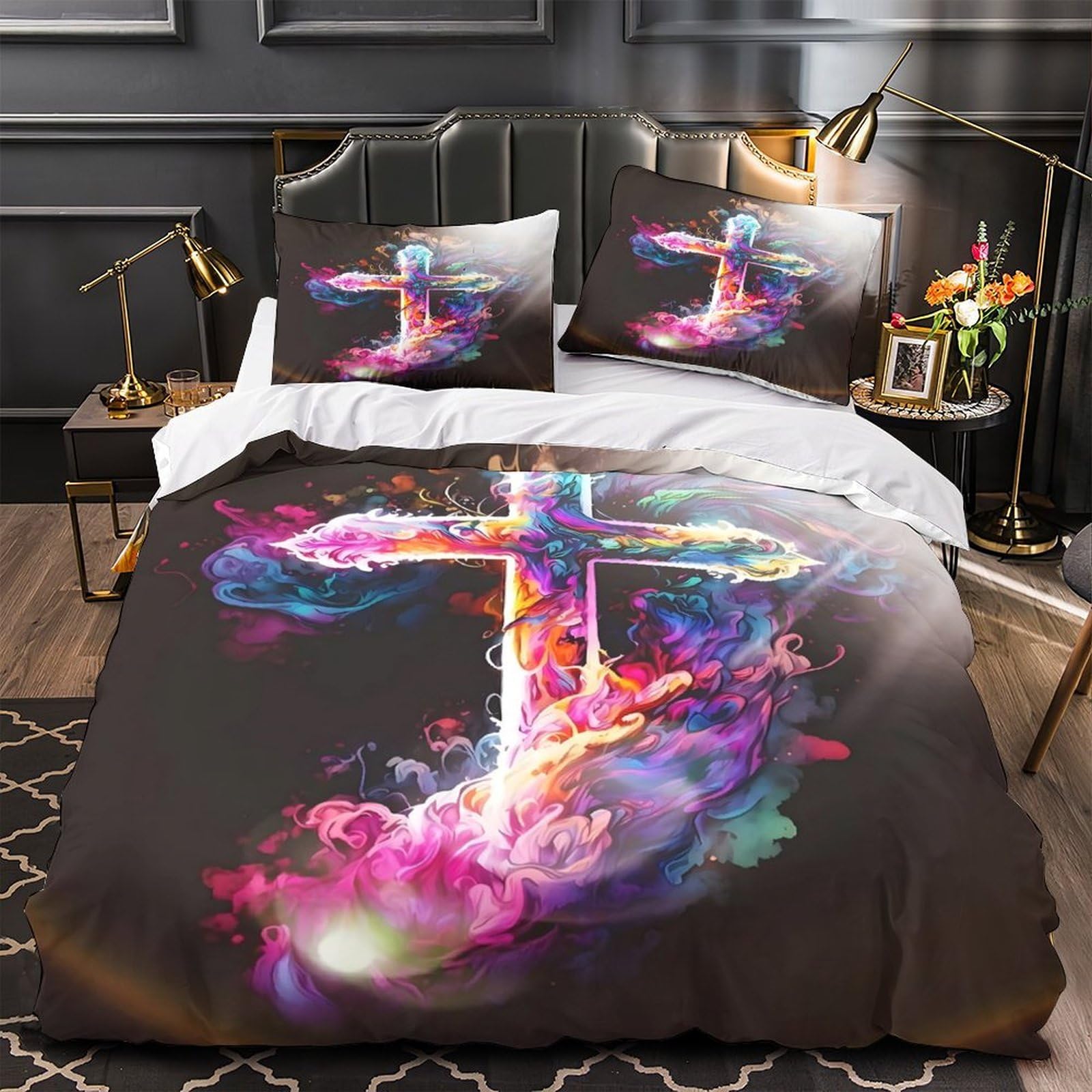 Spirituelle Kreuzkunst 3-teiliges Reines Polyester lebendiger Abstrakter Stil Bettbezugset, Versteckter Reißverschluss, Krippenbettwäsche, Babysicher & Gifffrei King（220x240cm）