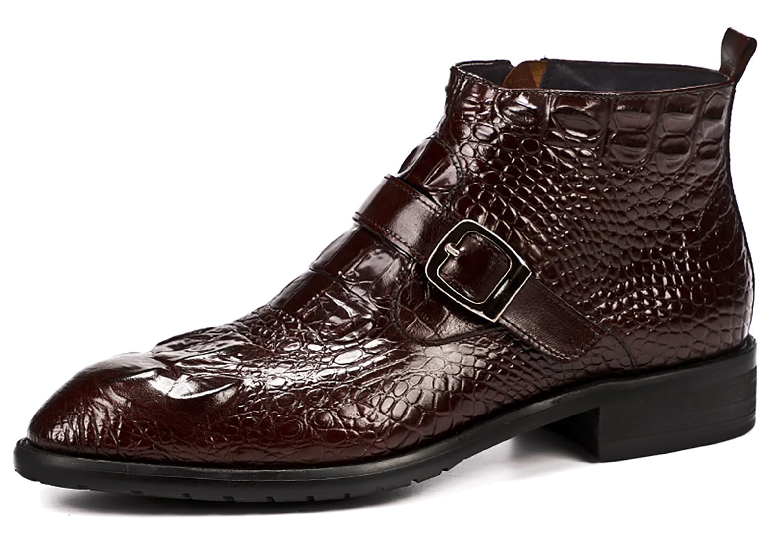 Mens Zipper Dress Leather Crocodile Print Bukle Strap Ankle Fashion Monk Boots
