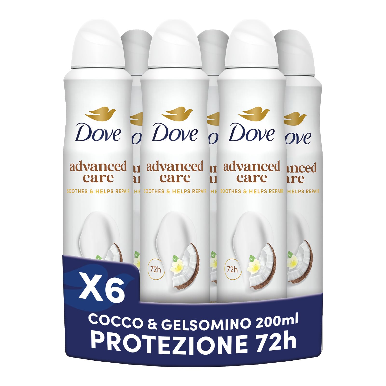 Dove Deodorante Spray Advanced Care Go Fresh Cocco e Fiori di Gelsomino, Formula Idratante e Delicata sulla Pelle, Senza Alcol, Pelle Asciutta Fino a 72 Ore, Deodorante Uomo e Donna, 6 Pezzi da 200ml