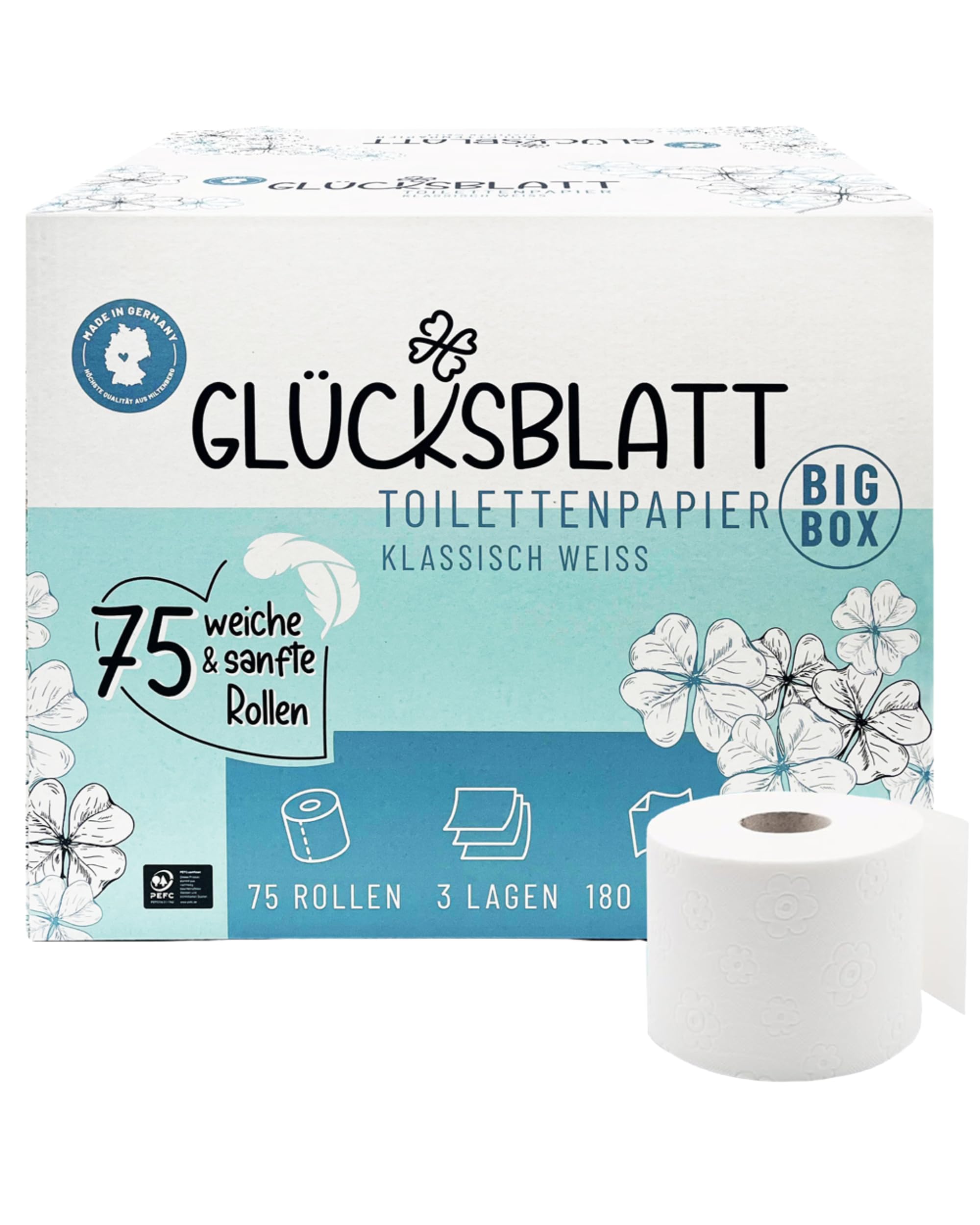 Glücksblatt Toilettenpapier Box, 3-lagig, 75 Rollen x 180 Blatt, 100% Zellstoff, Großpackung, superweiches Klopapier, WC Papier, wiederverwendbarer Vorratskarton