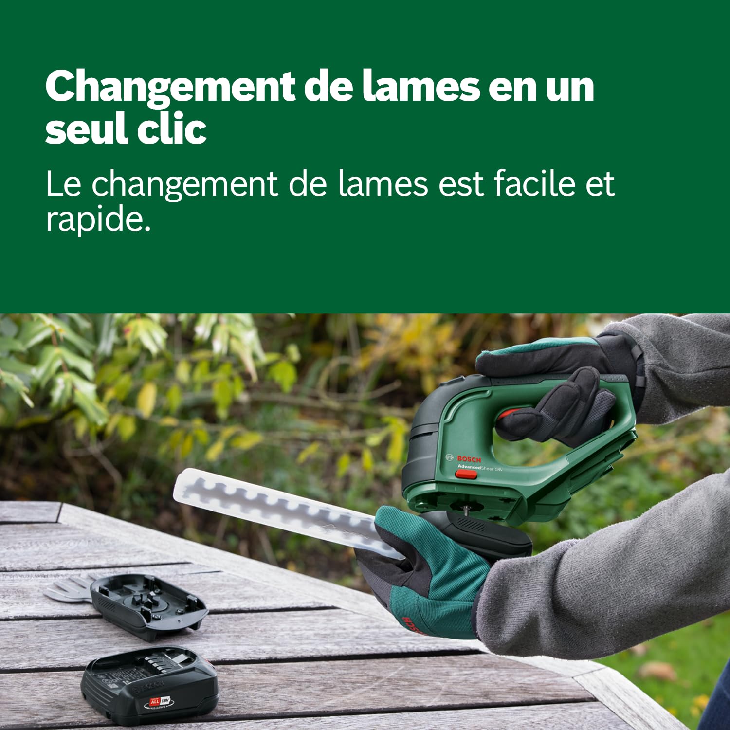 Bosch Cisaille à Gazon sans Fil - AdvancedShear 18V-10 (1 Batterie 2.0 Ah, 18 Volt System, Coupe Jusqu’à 85 m² par Charge, avec Lame de Taille-Herbes et Lame de sculpte-Haies)