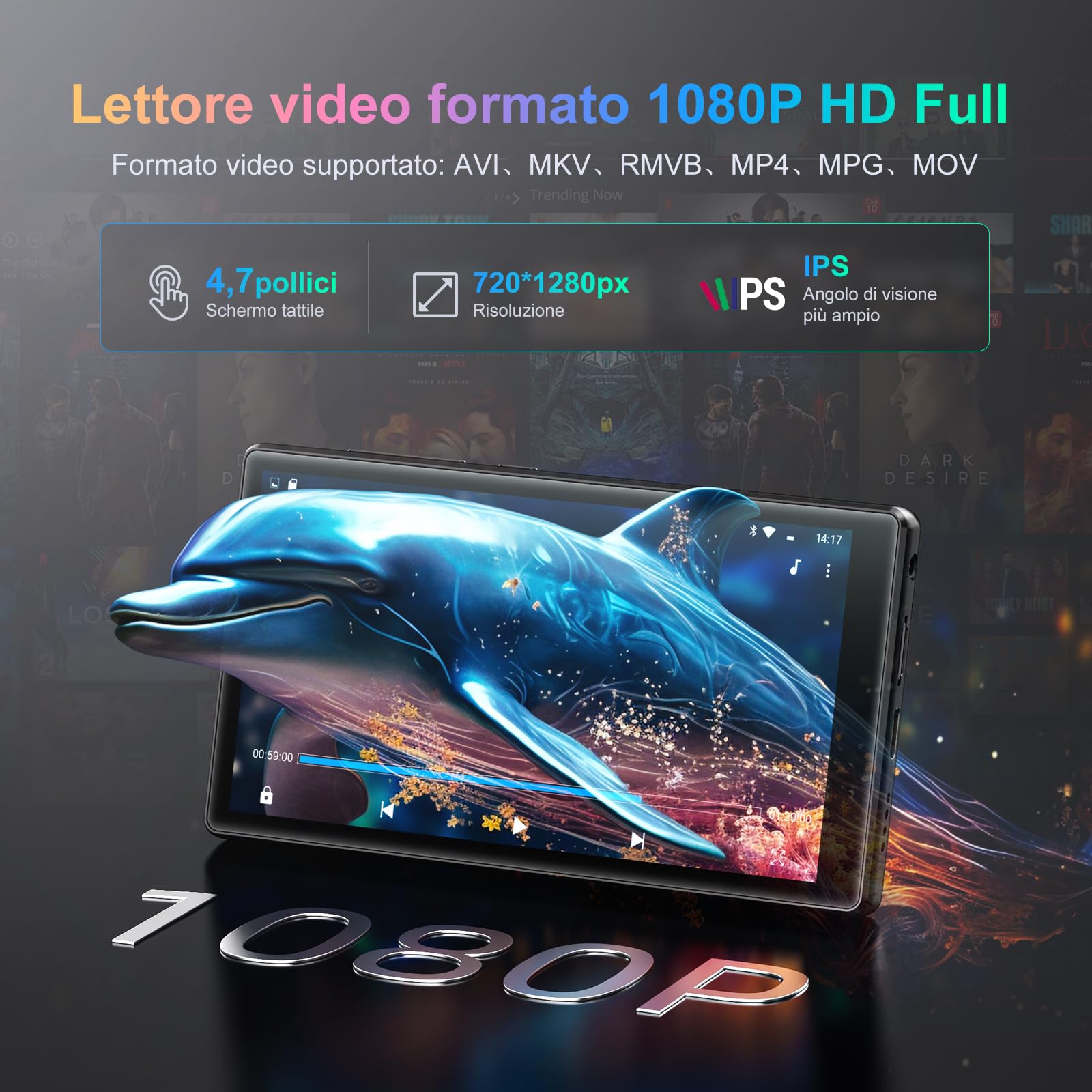 Oilsky 96GB Lettore MP3 Spotify con WiFi e Bluetooth, 4,7'' 1280P Schermo Tattile, Android 13.0, RAM:4GB, Lettore MP3 e MP4 con Amazon Music, Deezer, Play Store (Nero)