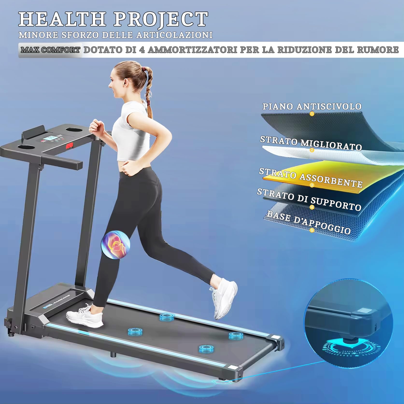 Tapis Roulant elettrico SLIM Home Fitness, Tappeto da corsa pieghevole salvaspazio, Telecomando, Bluetooth integrato, Smartwatch Cardio, App KINOMAP ZWIFT FitShow Velocità regolabile 10 km/h