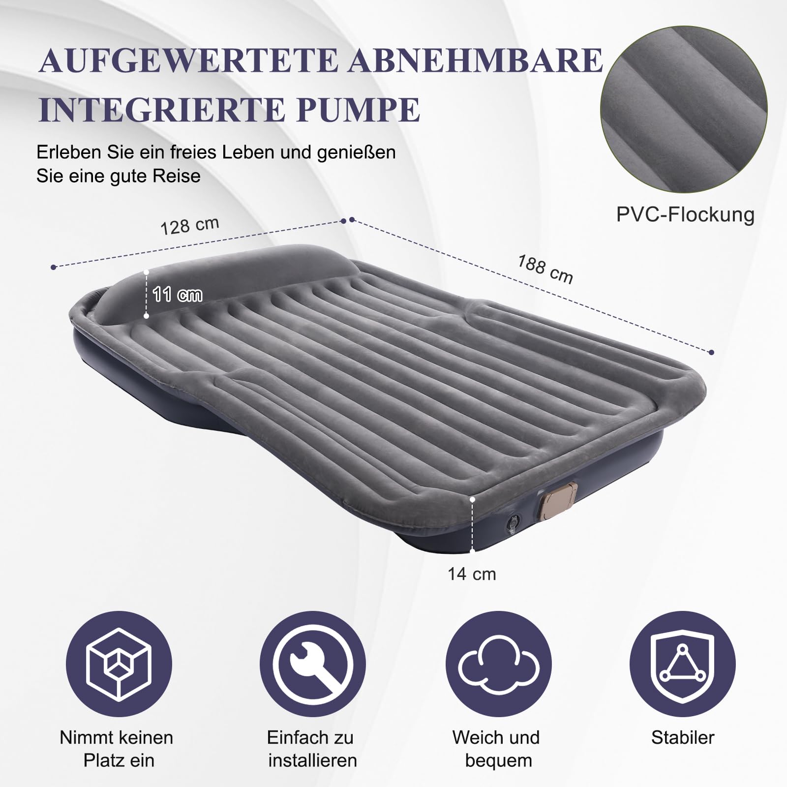KMZ Aufblasbare Luftmatratze mit eingebauter Elektropumpe – Selbstaufblasende/Entlüftbare Matratze in 90 Sekunden – Flockbeschichtete Auto-Luftmatratze mit Tragetasche für Reisen und Camping | KMZ Aufblasbare Luftmatratze mit integrierter Pumpe für Campin