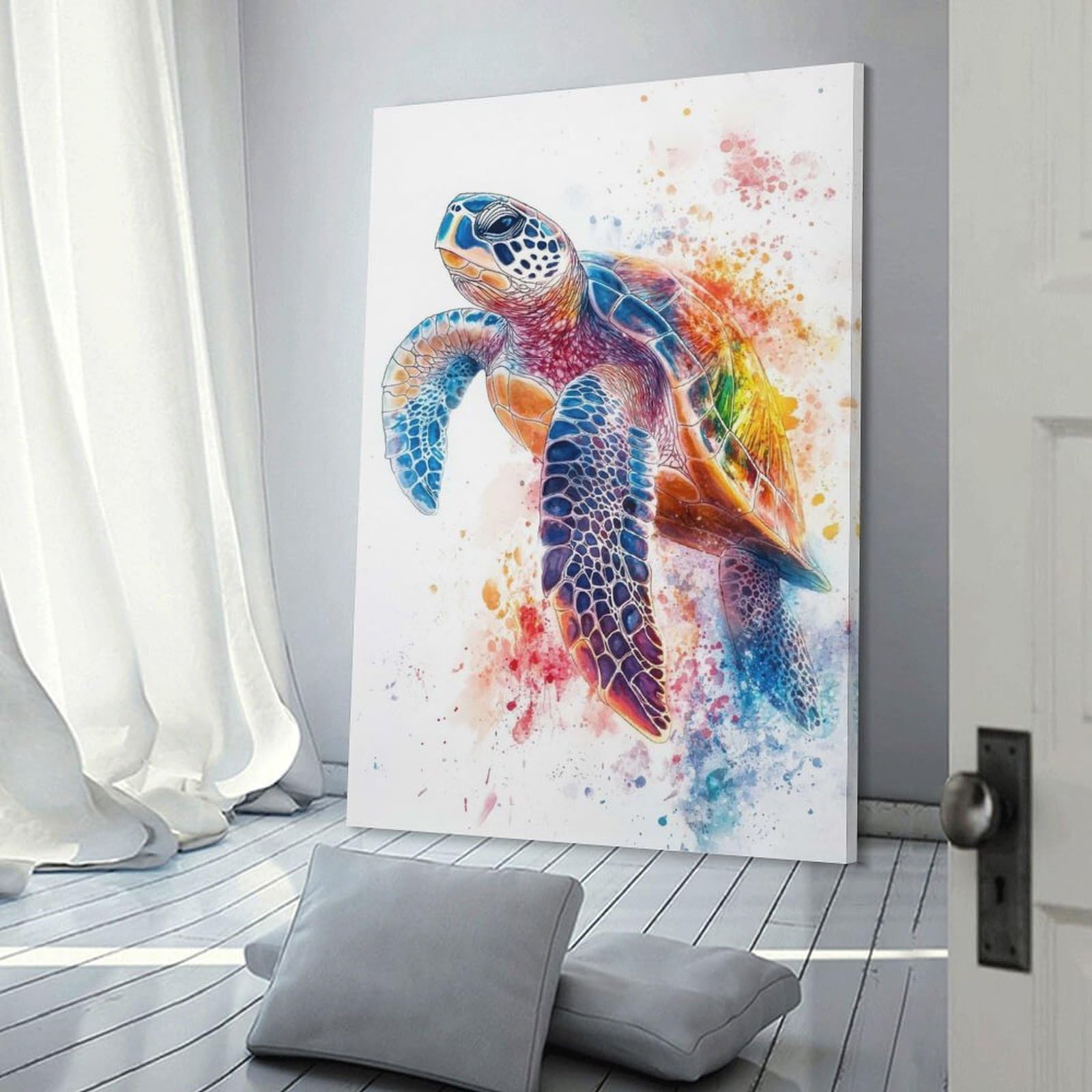 Junmoney Frame-Style-4 Colorful Sea Turtle Watercolor Hanging Wall Art, 12X18inch(30X45cm), For Bedroom Decor, Cosy Corners Or Studios, An Easy Wall Refresh For Bedrooms