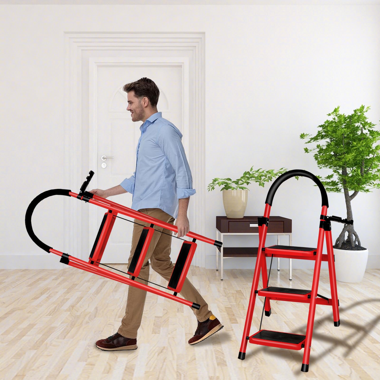Escabeau Ménager 3 Marches en Aluminium avec Mains Courantes 150 KG Escabeau en Aluminium Echelle Multifonctions pour Maison et Bureau-104 x 57 x 41,5 cm - 3 marches (Rouge)
