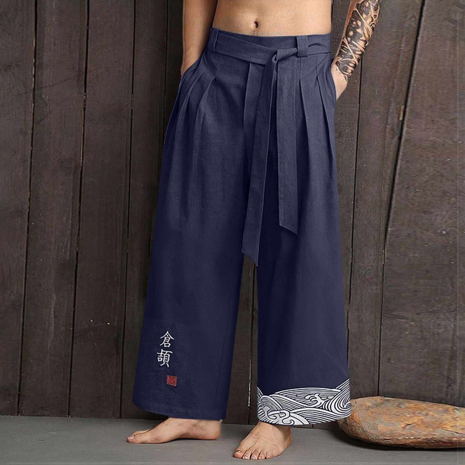 Pantaloni estivi da uomo, in lino, leggeri, larghi, per il tempo libero, estivi, lunghi, stile kimono, pantaloni da spiaggia, eleganti pantaloni da danza, abbigliamento tradizionale giapponese