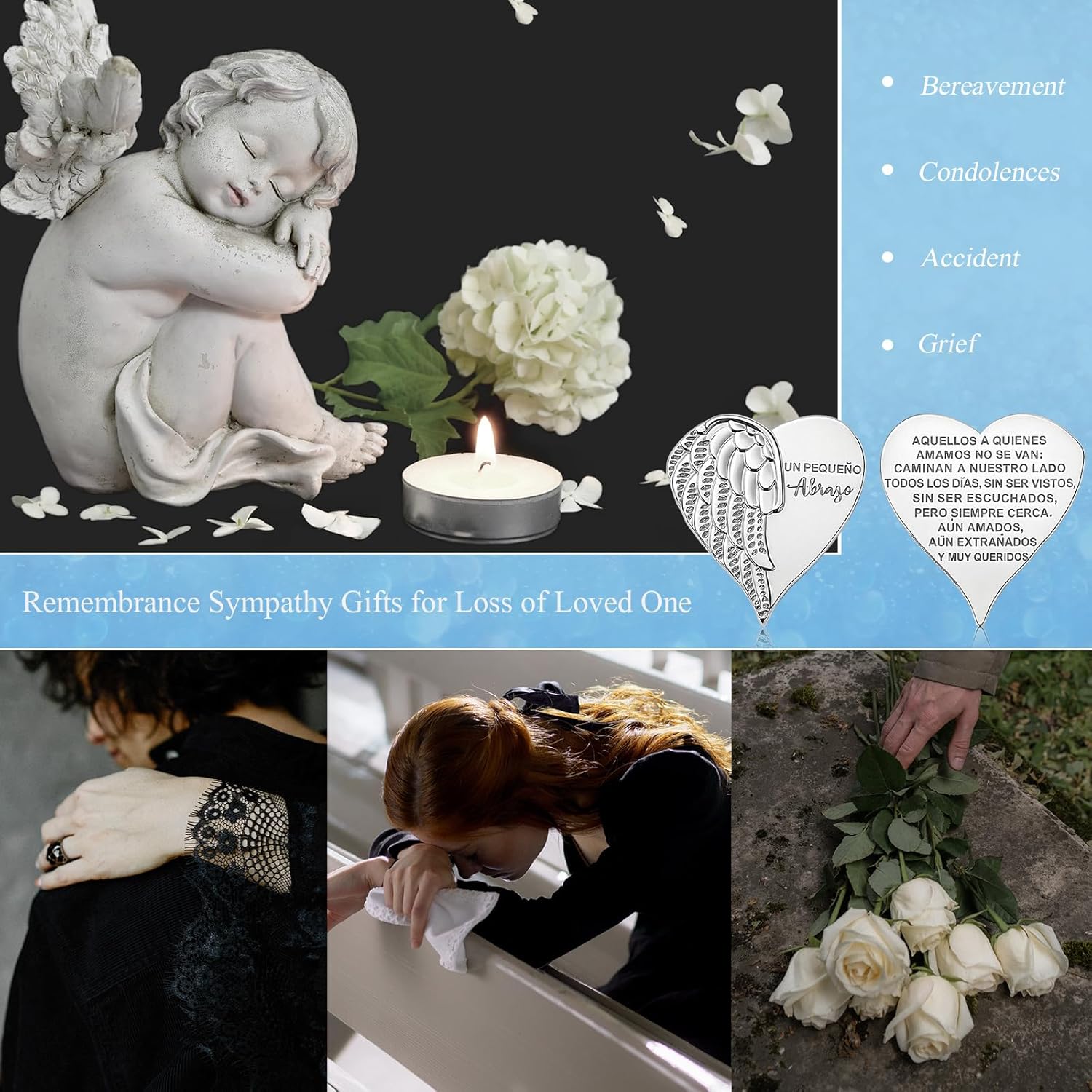 Fumete 60 Sets Funeral Favors for Guests Memorial Service Celebration of Life Decorations Heart Pocket Hug Token Coins and Angel Poem Pray Cards Memorial Gifts for Church Funeral Sympathy (Spanish)
