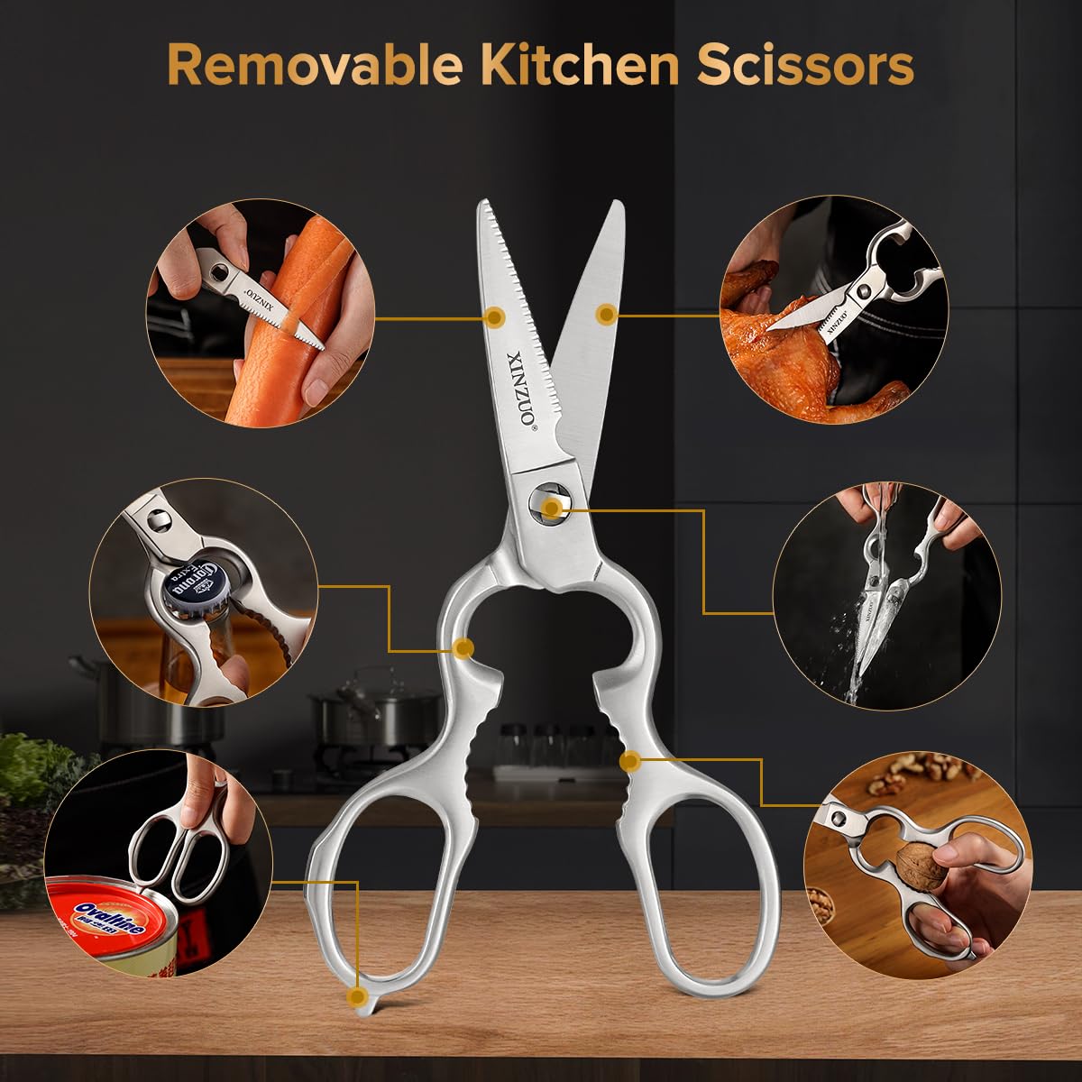 XINZUO Acciaio Damasco Set Coltelli da 7 Pezzi con Portacoltelli, Professionale Coltello da Chef Santoku Pane Universali Frutta, Forbici da Cucina Multifunzione, Manico Rosewood Ergonomico -Yi Serie