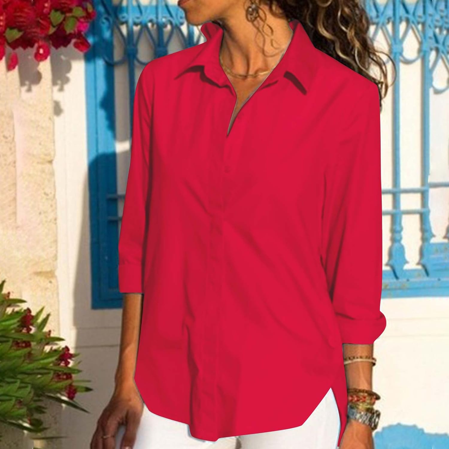 Womens Button Down Shirts Lightweight Solid Color Blouse T-Shirts Roll Up Long Sleeve Collared Tops Split Hem Clothes