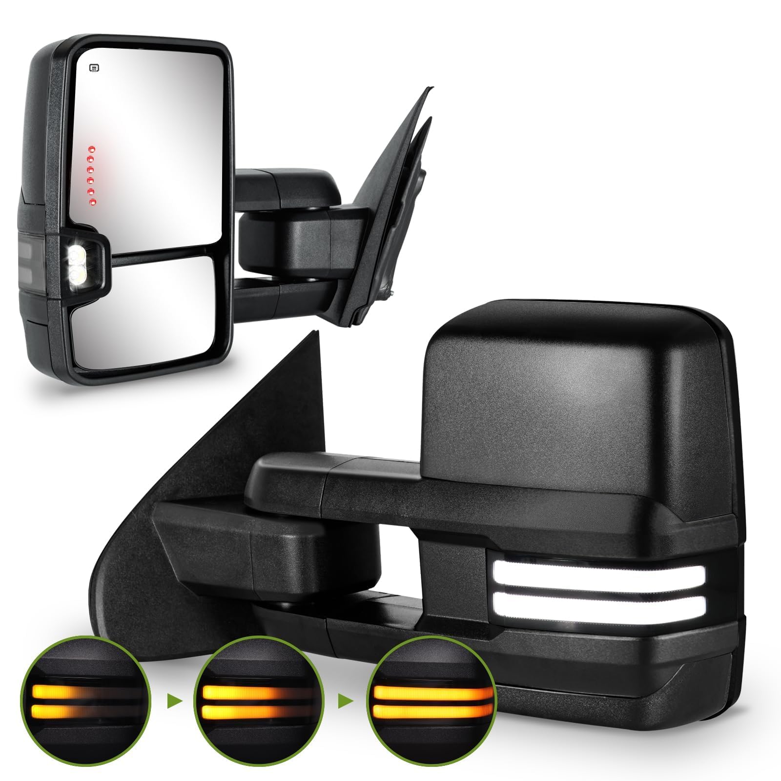 Towing Mirrors for Chevy Silverado/GMC Sierra 1500 (2014-2018), 2500HD/3500HD (2015-2019) Switchback Dynamic Turn Signal/Running Lights Power Heated (Textured Black)