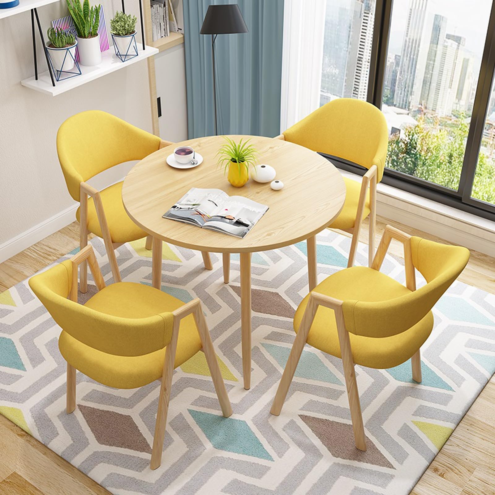 Set di tavolino rotondo e sedia, colore: giallo, mobili eleganti per caffetterie, sale da tè, dessert e spazi riunioni, design moderno per caffè e ristoranti