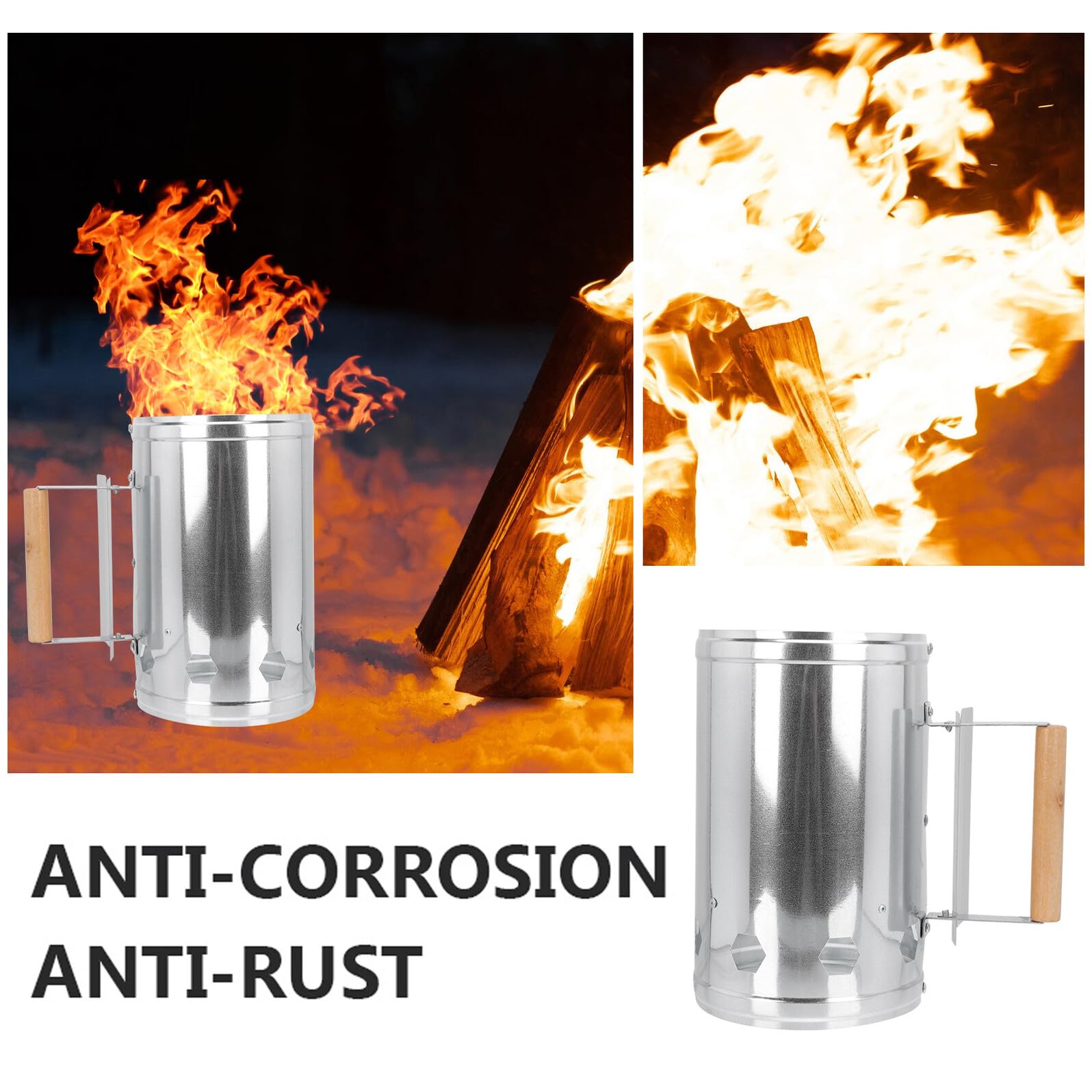 Secchio Accendifuoco Carbonella in Metallo Antiruggine con Manico in Legno Accensione Rapida per Barbecue Outdoor Campeggio e Picnic