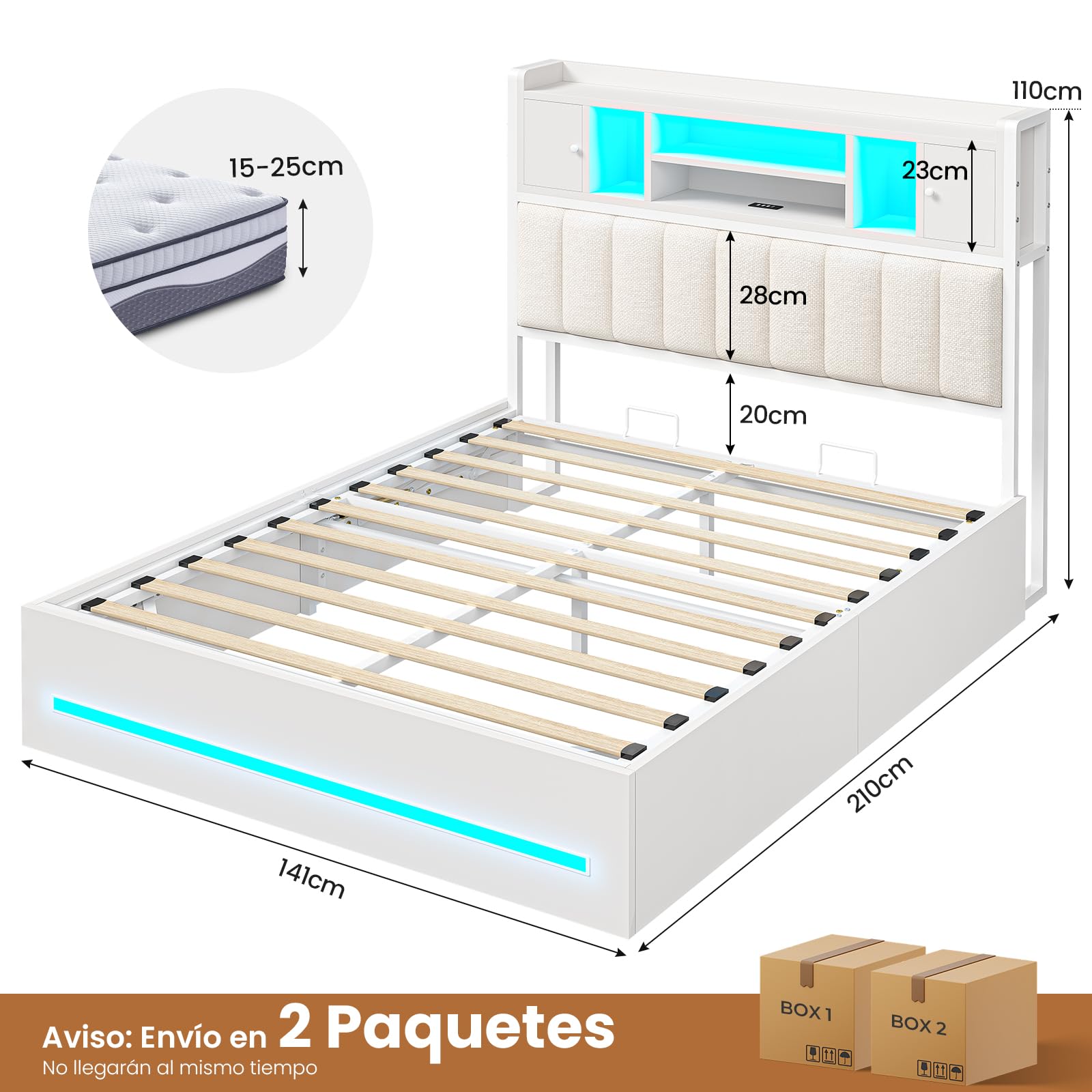 AGOLLATI Camas Matrimoniales 140x190 con Estación de Recarga y LED, Cama Canapé Hidráulica，Estructura Cama Cabecero Tapizado con 7 Compartimentos de almacenaje, Somier de Láminas de Madera, Blanco