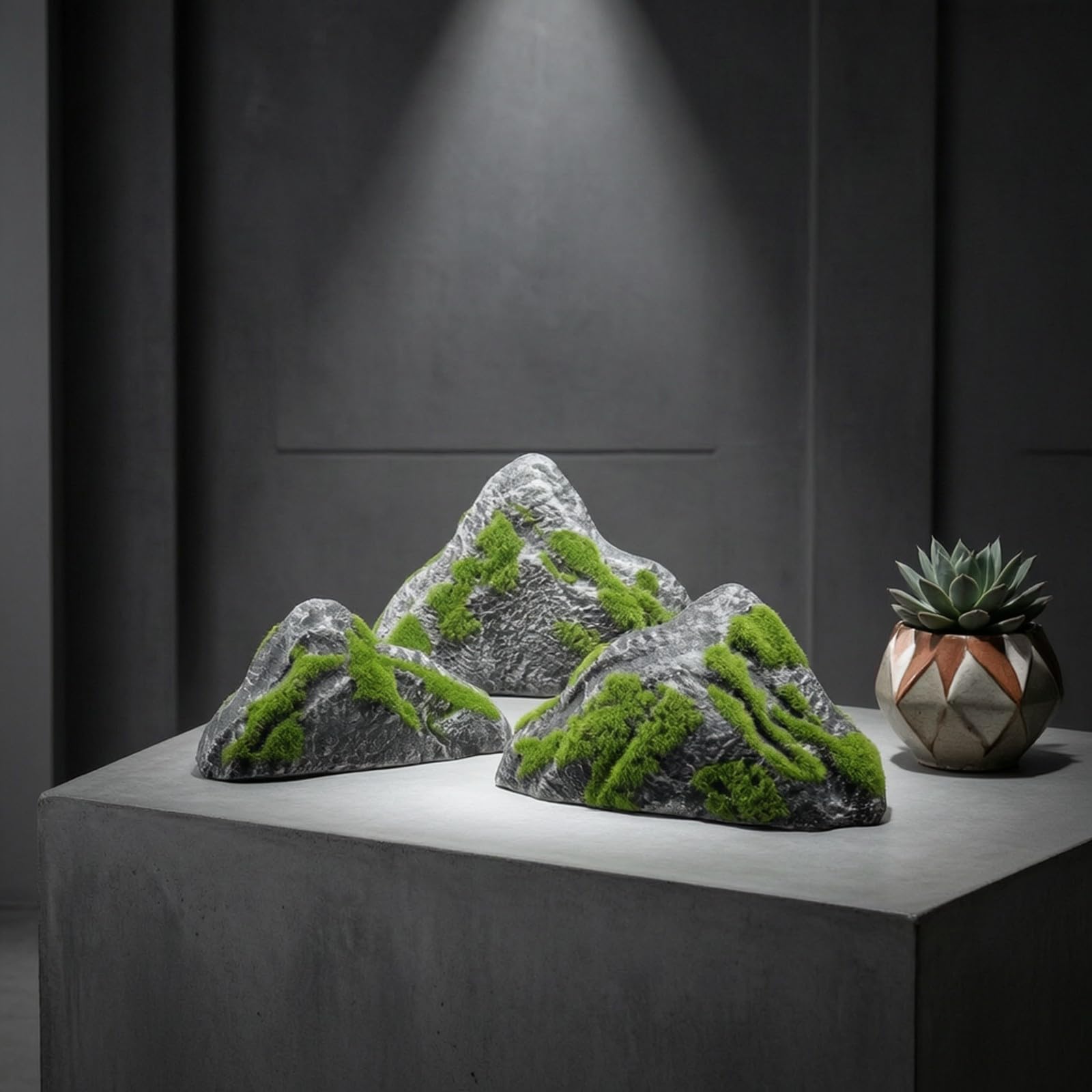 Colcolo 3 Pezzi Pie Finte con Muschio Forma Montuosa Irregolare, Mini Rocce Paesaggistiche con Muschio Finto, Floccato, per Terrario, Giardino Fatato, Acquario