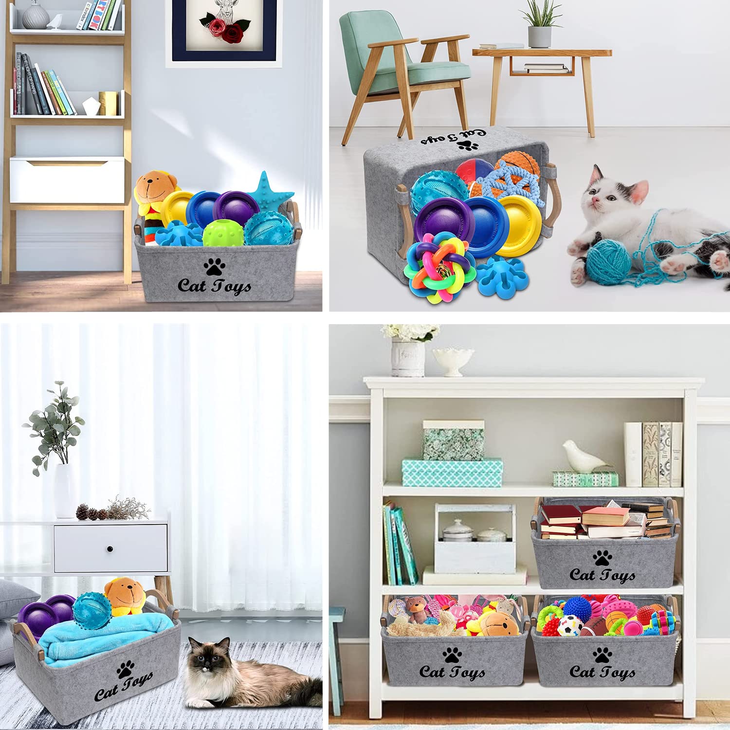 Panier De Rangement VILLCASE Pour Jouets De Chien - Gris Feutre - 39x27x18 Cm - Avec Poignées Bois